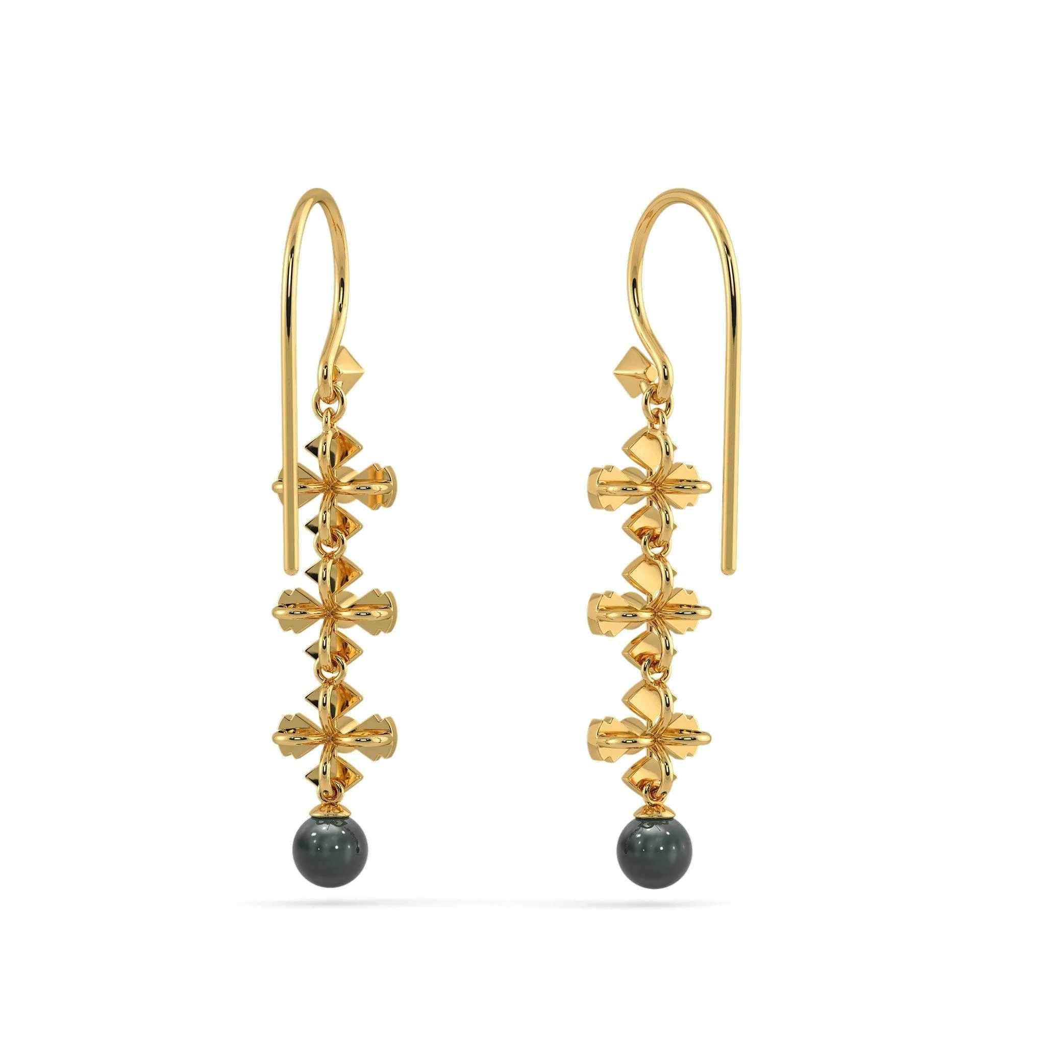 Black Pearl 18k Solid Yellow Gold Handmade Geometric Diamond Earrings, Pearl Earrings, Gold Earrings, Diamond Earrings