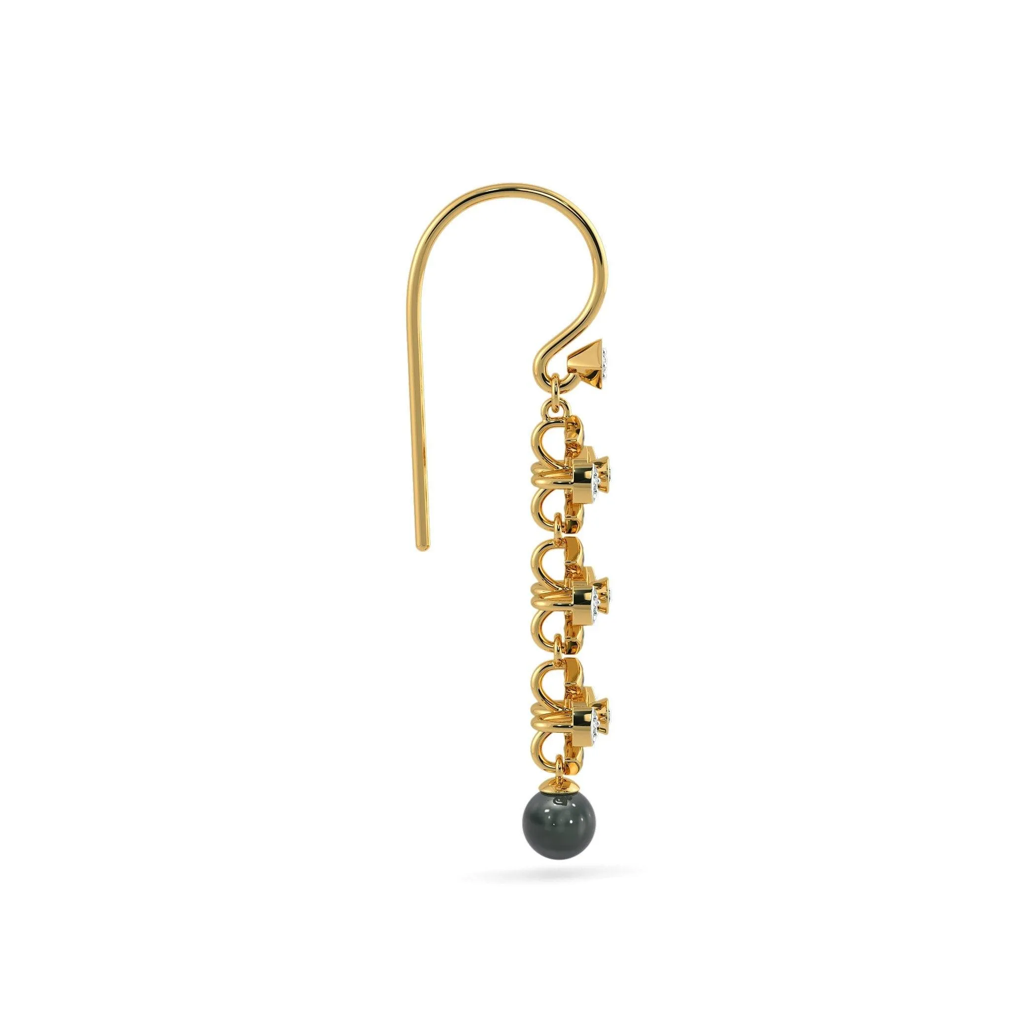 Black Pearl 18k Solid Yellow Gold Handmade Geometric Diamond Earrings, Pearl Earrings, Gold Earrings, Diamond Earrings