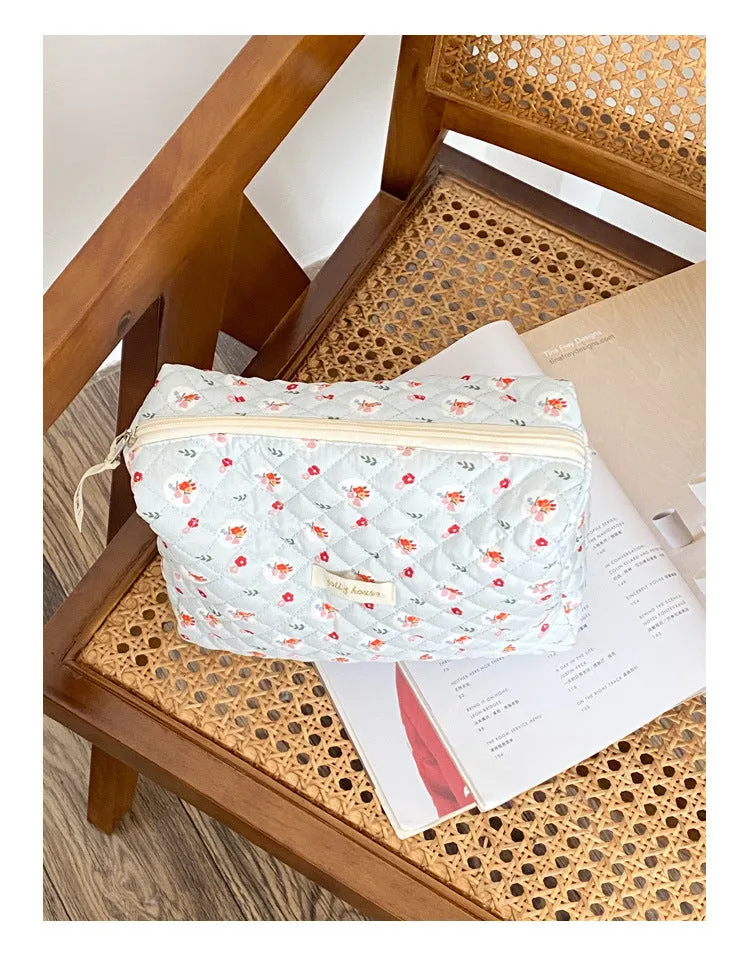 Blue Orange Floral Cherry Quilted cotton Large Capacity Makeup Bag