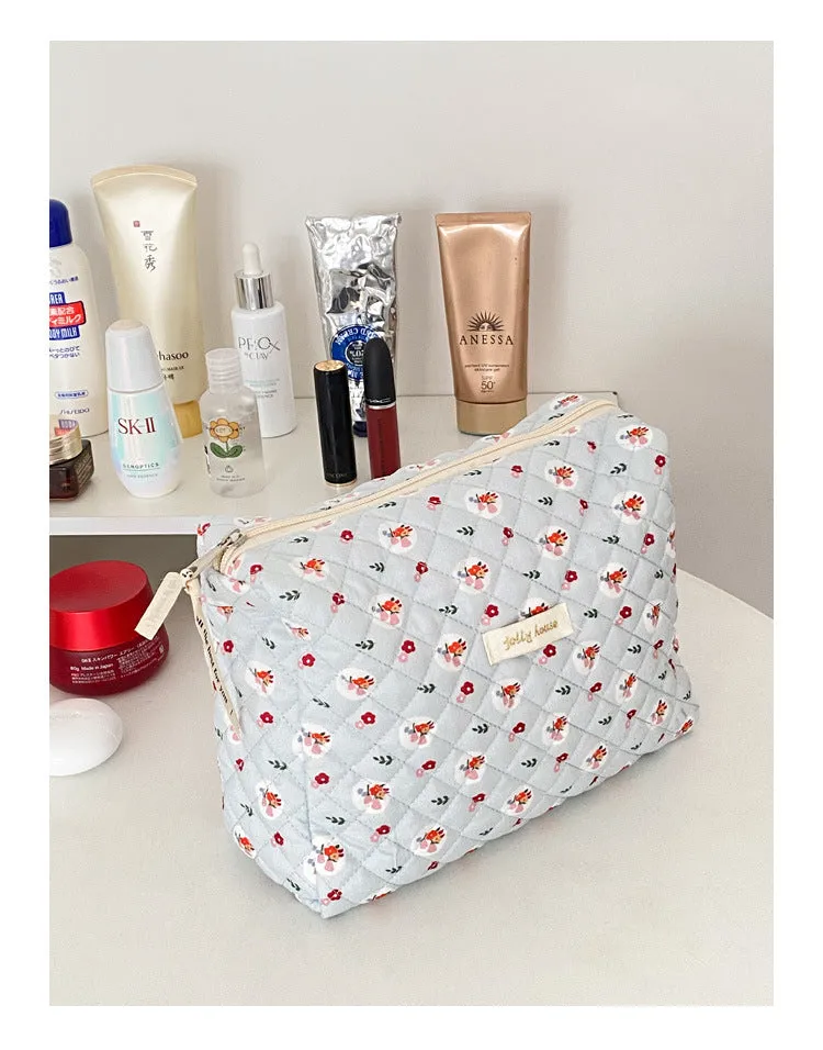 Blue Orange Floral Cherry Quilted cotton Large Capacity Makeup Bag