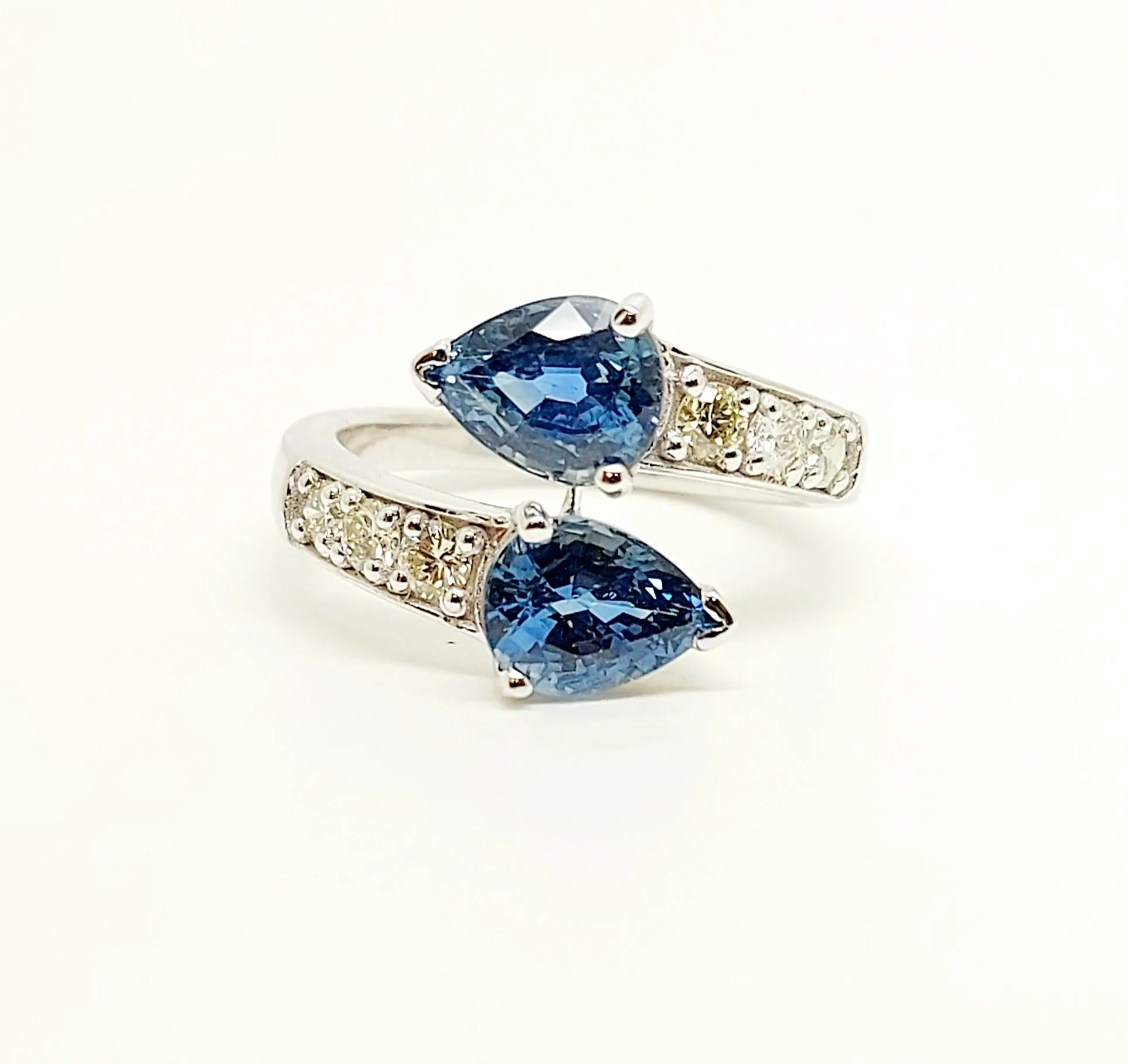 Blue Sapphire  And Diamond Two Stone Ring In 14k White Gold