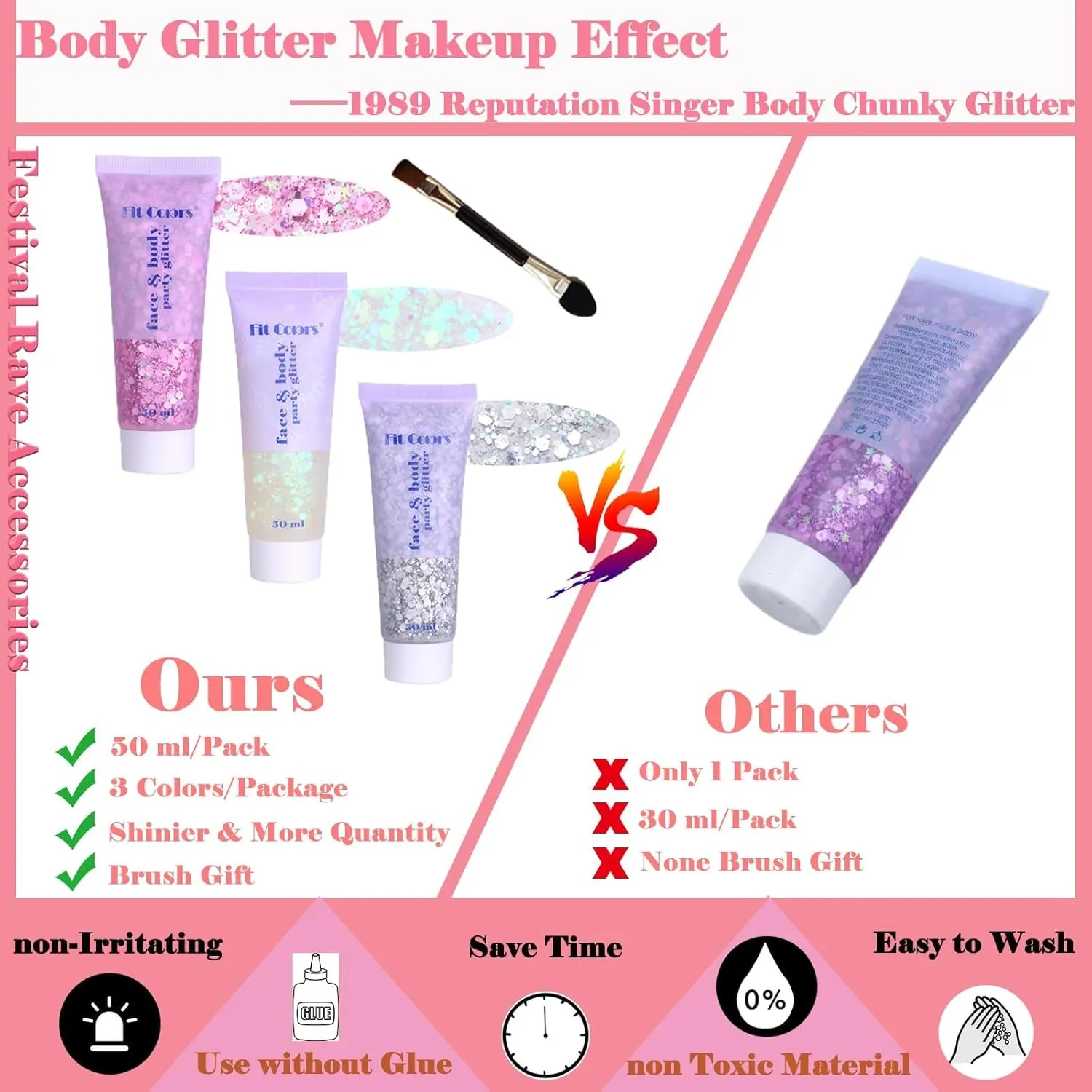 Body Face Chunky Glitter Gel: Pink White Silver Face Sparkles Glitter Gel Makeup for Singer Concerts Disco Festival Rave Accessories 150Ml Chunky Sequins Mermaid Face Body Hair Glitter Gel