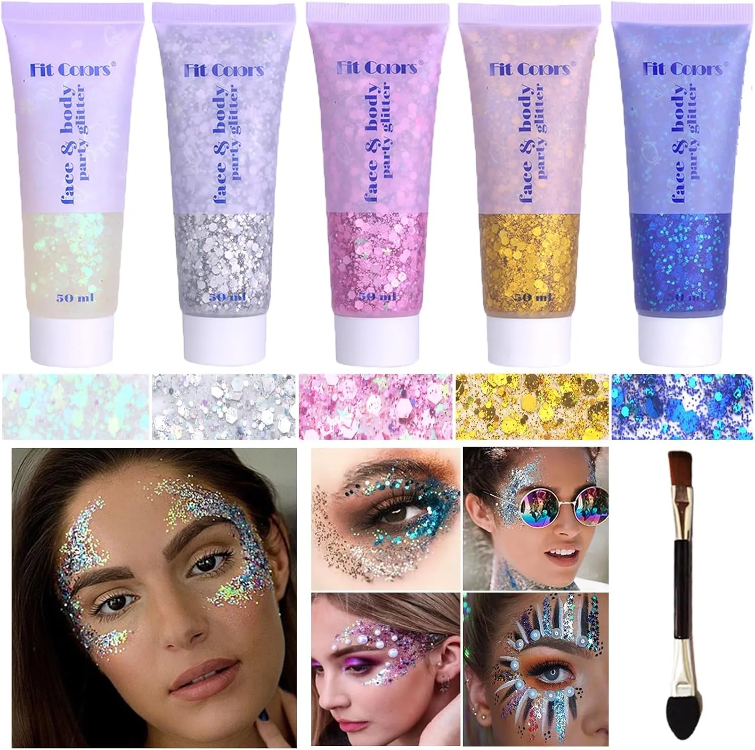 Body Face Chunky Glitter Gel: Pink White Silver Face Sparkles Glitter Gel Makeup for Singer Concerts Disco Festival Rave Accessories 150Ml Chunky Sequins Mermaid Face Body Hair Glitter Gel
