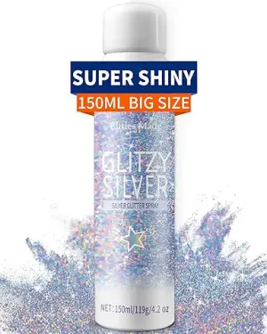 Body Glitte Spray, 150ML Silver Glitter Spray for Hair and Body, Long-Lasting and Quick-Drying Holographic Glitter Hairspray for Kids Women, Body Shimmer Festival Rave and Makeup 4.2 Fl Oz