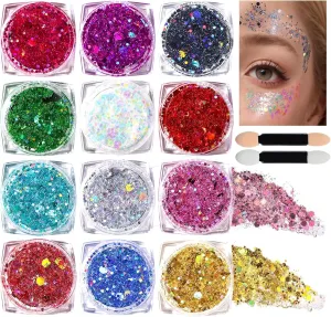 Body Glitter Face Glitter Makeup Festival Glitter Gel, 12 Colors Face and Body Glitter Gel, Hair Glitter Gel, Glitter Gel Makeup, Glitter for Face and Hair, Body Makeup
