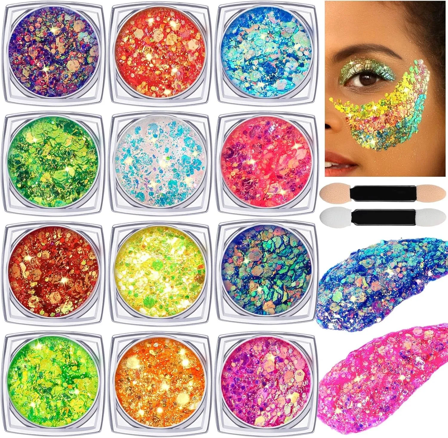 Body Glitter Face Glitter Makeup Festival Glitter Gel, 12 Colors Face and Body Glitter Gel, Hair Glitter Gel, Glitter Gel Makeup, Glitter for Face and Hair, Body Makeup