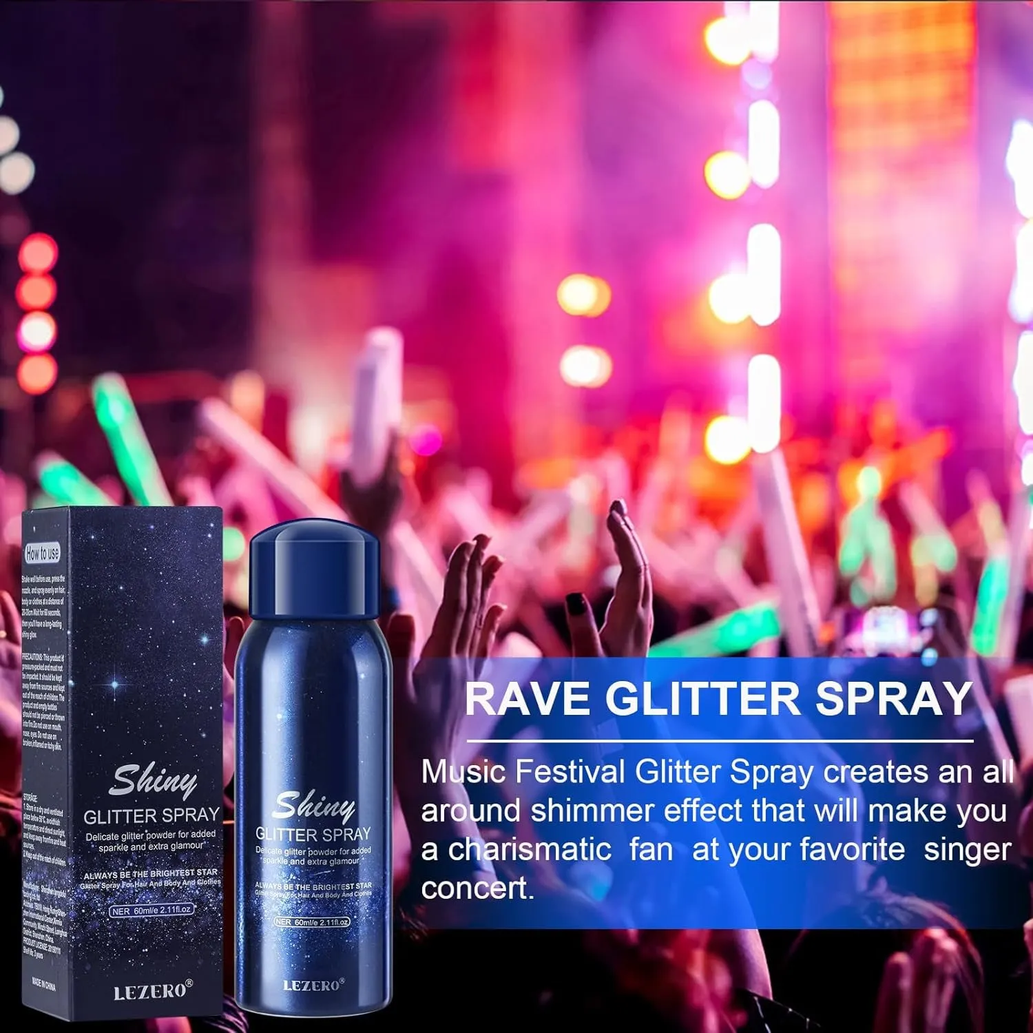 Body Glitter Spray, Temporary Body Shimmer Spray for Face, Hair, Clothing, Long Lasting Quick-Drying Shiny Hairspray for Music Festival Rave, Nightclub Party, Prom, 2Oz
