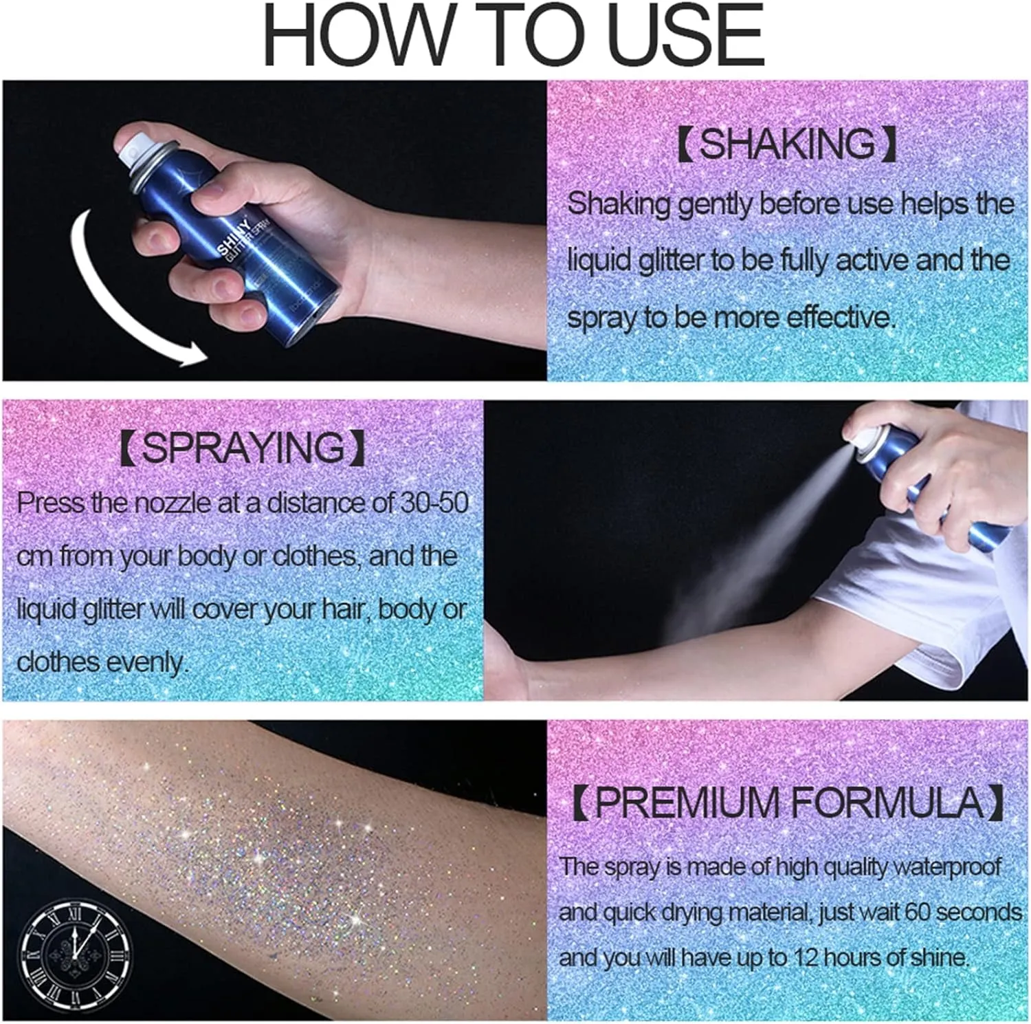 Body Glitter Spray, Temporary Body Shimmer Spray for Face, Hair, Clothing, Long Lasting Quick-Drying Shiny Hairspray for Music Festival Rave, Nightclub Party, Prom, 2Oz