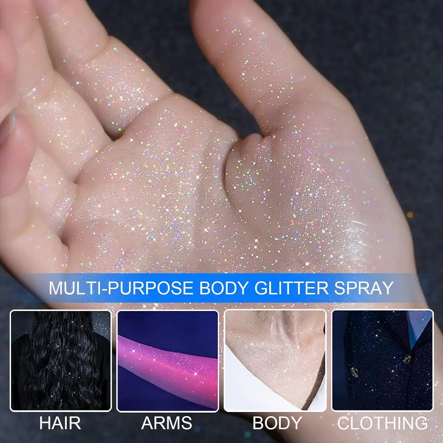 Body Glitter Spray, Temporary Body Shimmer Spray for Face, Hair, Clothing, Long Lasting Quick-Drying Shiny Hairspray for Music Festival Rave, Nightclub Party, Prom, 2Oz