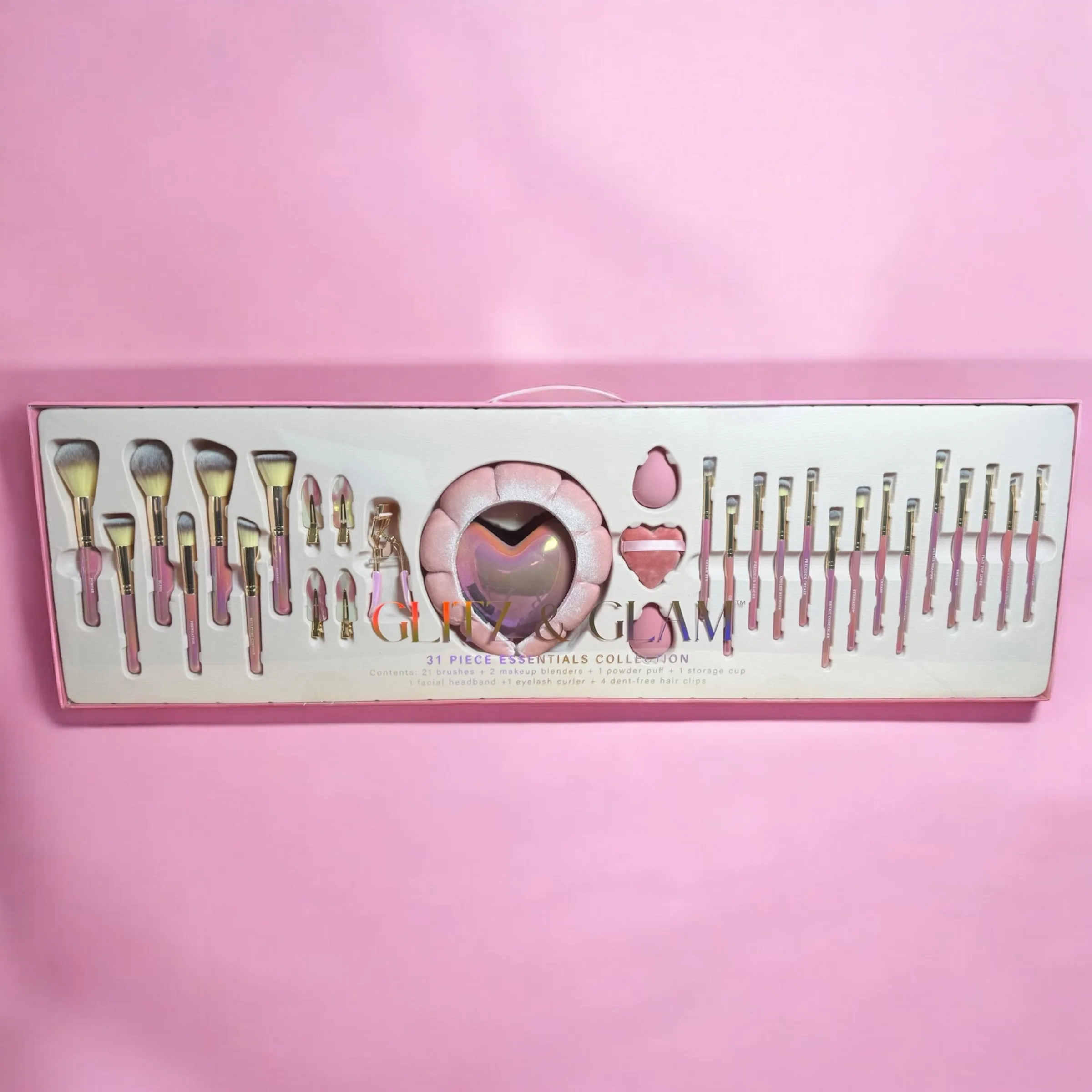 Bold Pink/Chrome Heart Cup Mega Glitz & Glam | LIMITED EDITION 31pc Essentials Collection Brush Set | GG4392