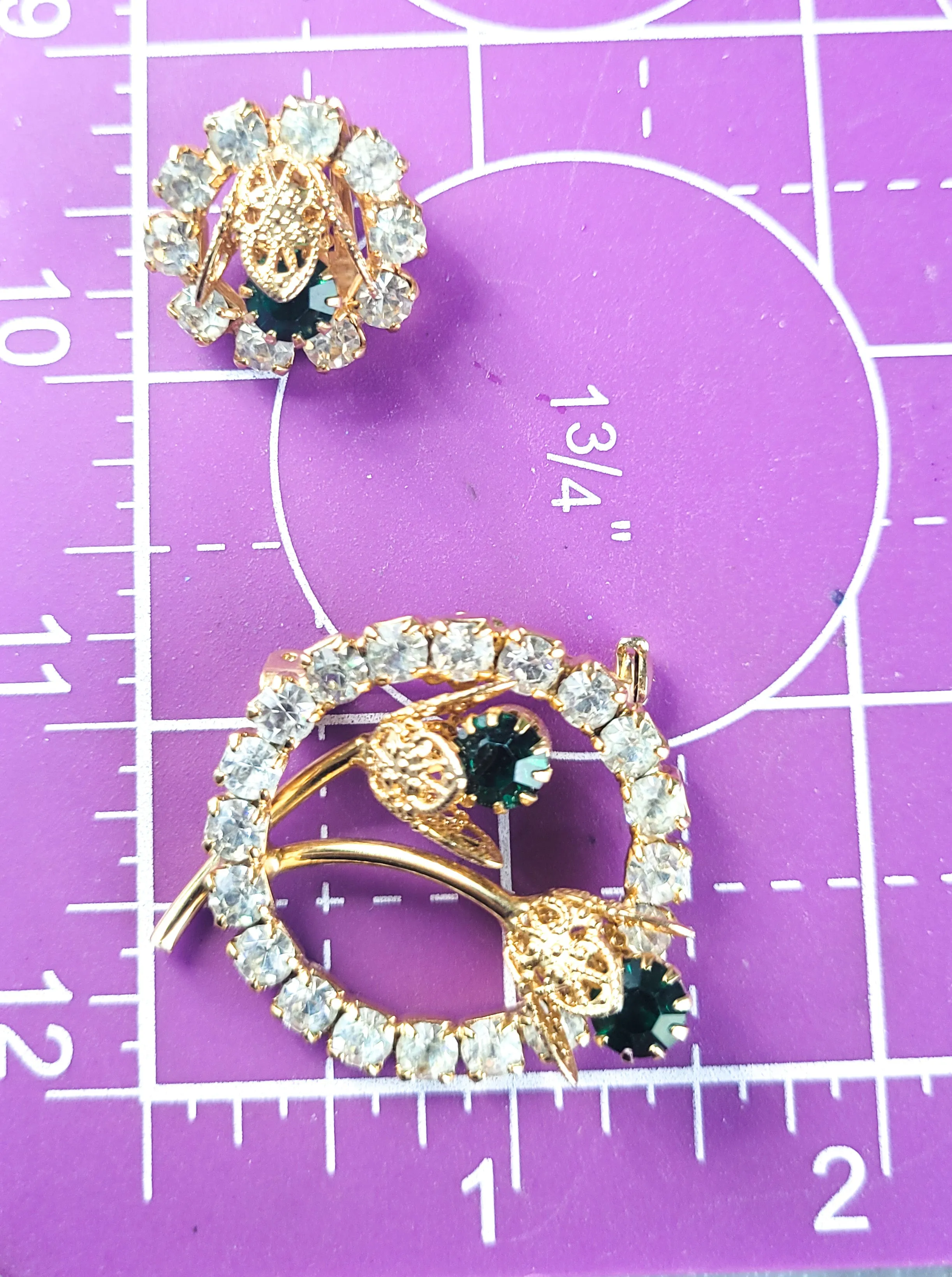 Bright green gold cup flower clear halo rhinestone jewelry set earrings brooch holiday