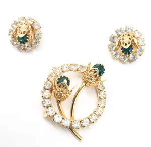 Bright green gold cup flower clear halo rhinestone jewelry set earrings brooch holiday