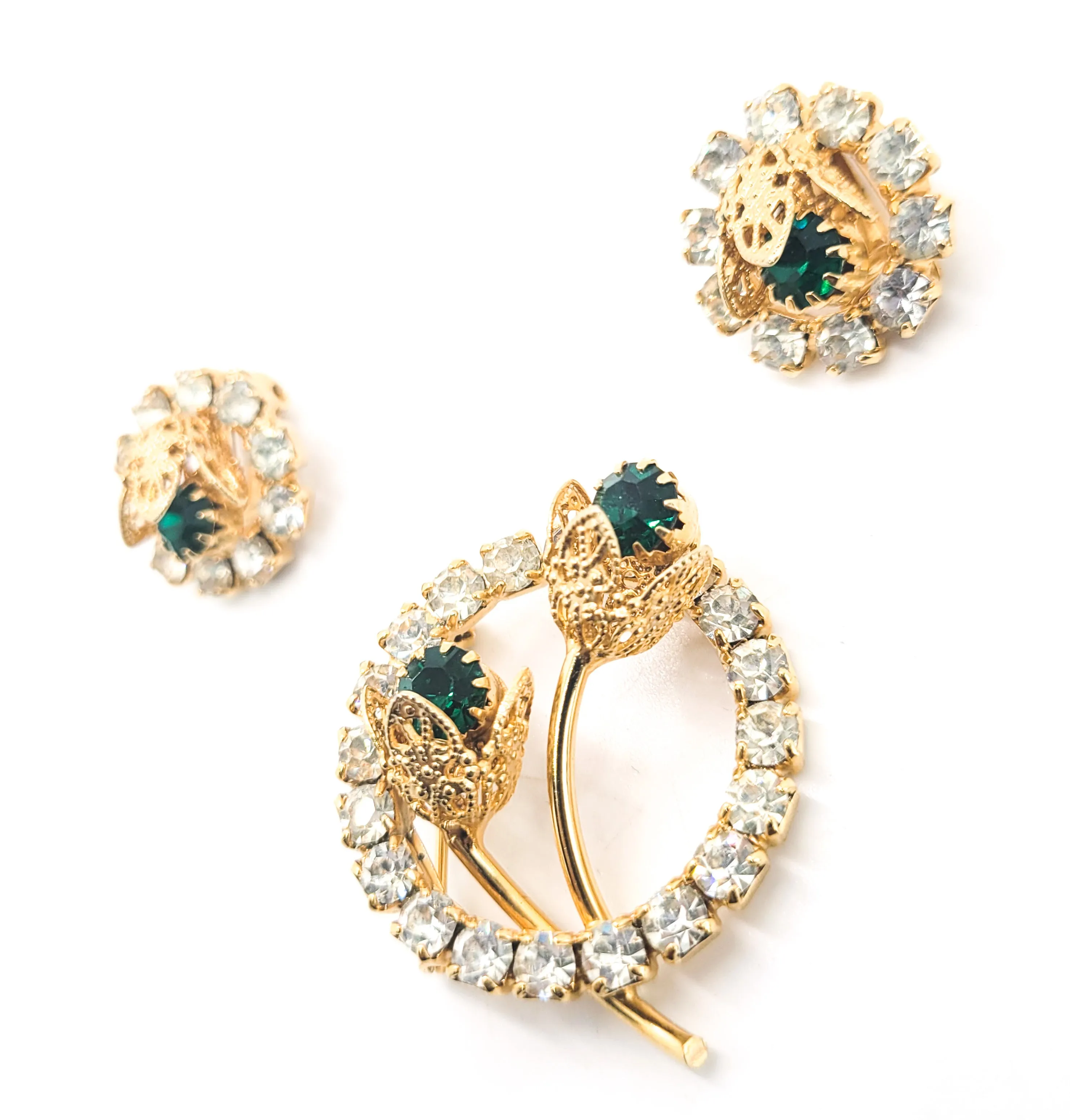 Bright green gold cup flower clear halo rhinestone jewelry set earrings brooch holiday
