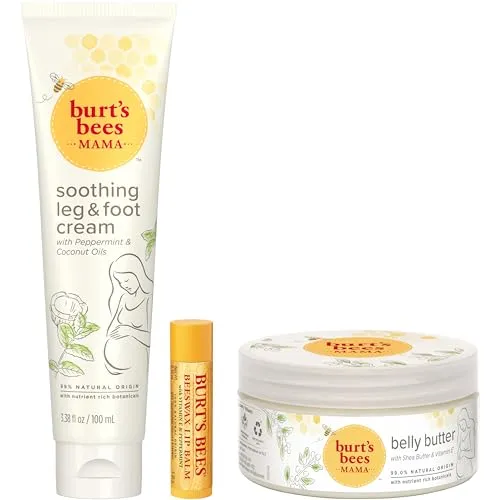 Burt's Bees Pregnancy Essentials Christmas Gifts Set, 3 Baby Shower Products & Must Have Baby Registry Items, Nourishing Skincare for Mom to be - Mama Belly Butter, Original Lip Balm, Leg & Foot Cream