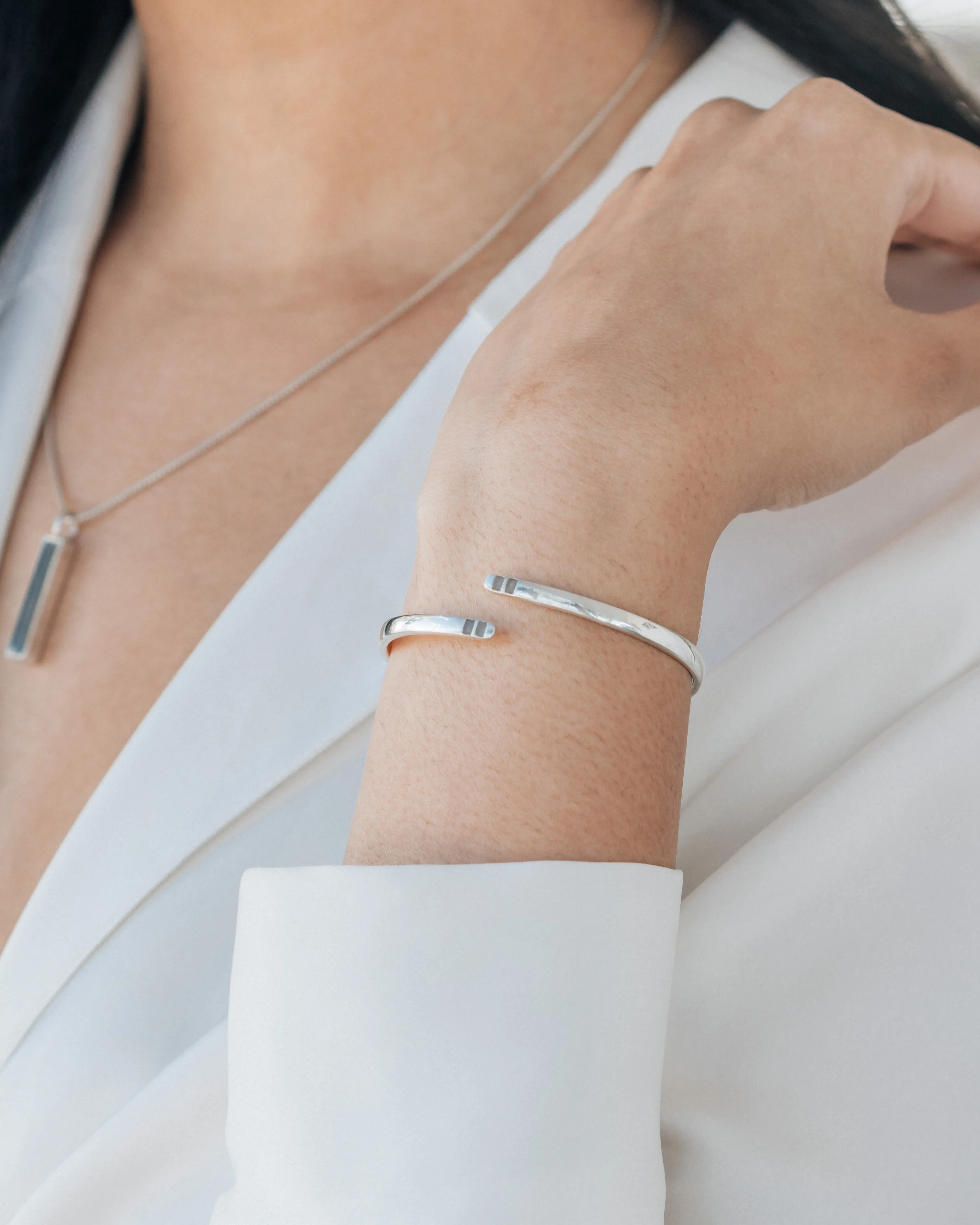 Bypass Hinged Cuff Cremation Bracelet in Rhodium Plated Sterling Silver