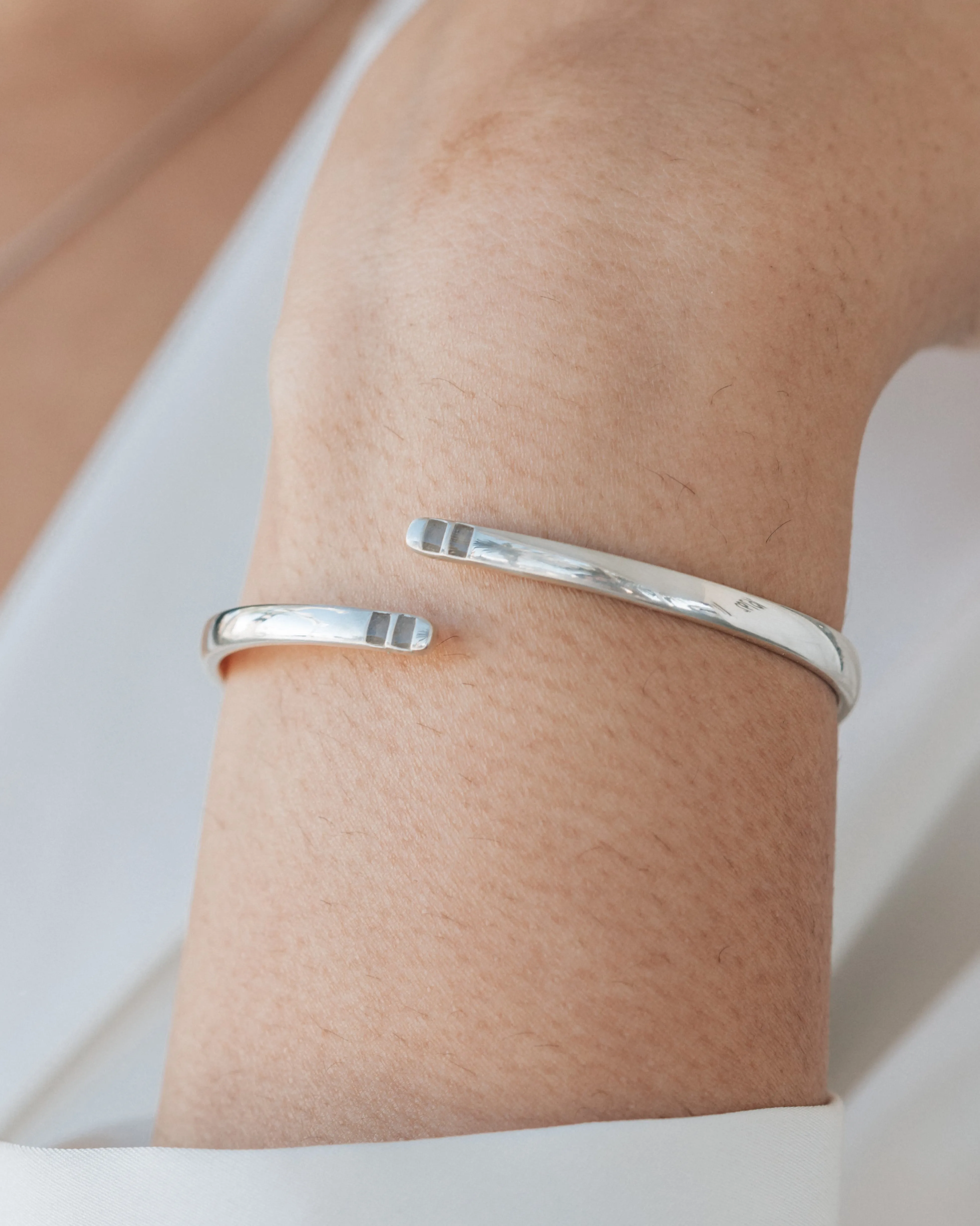 Bypass Hinged Cuff Cremation Bracelet in Rhodium Plated Sterling Silver