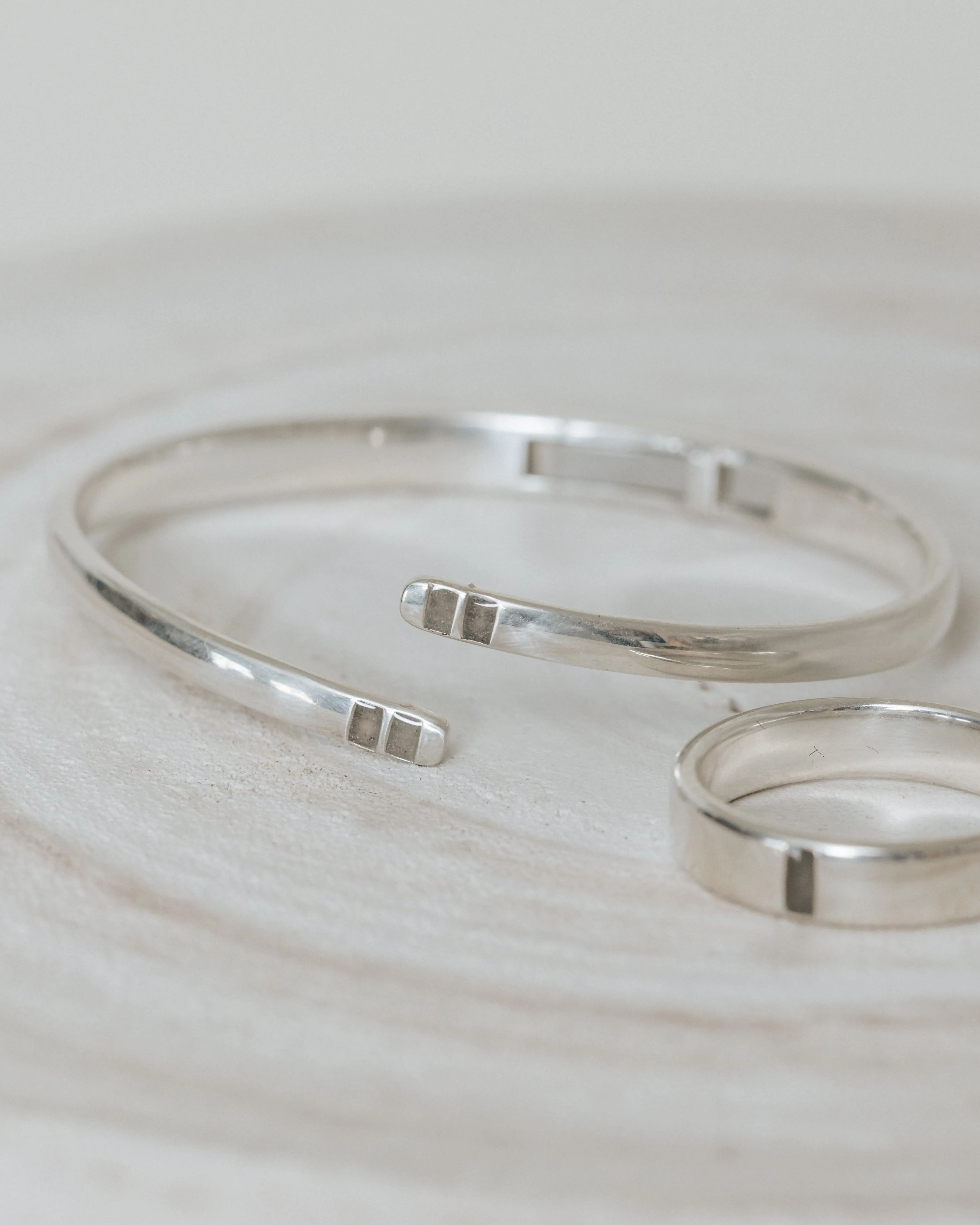 Bypass Hinged Cuff Cremation Bracelet in Rhodium Plated Sterling Silver