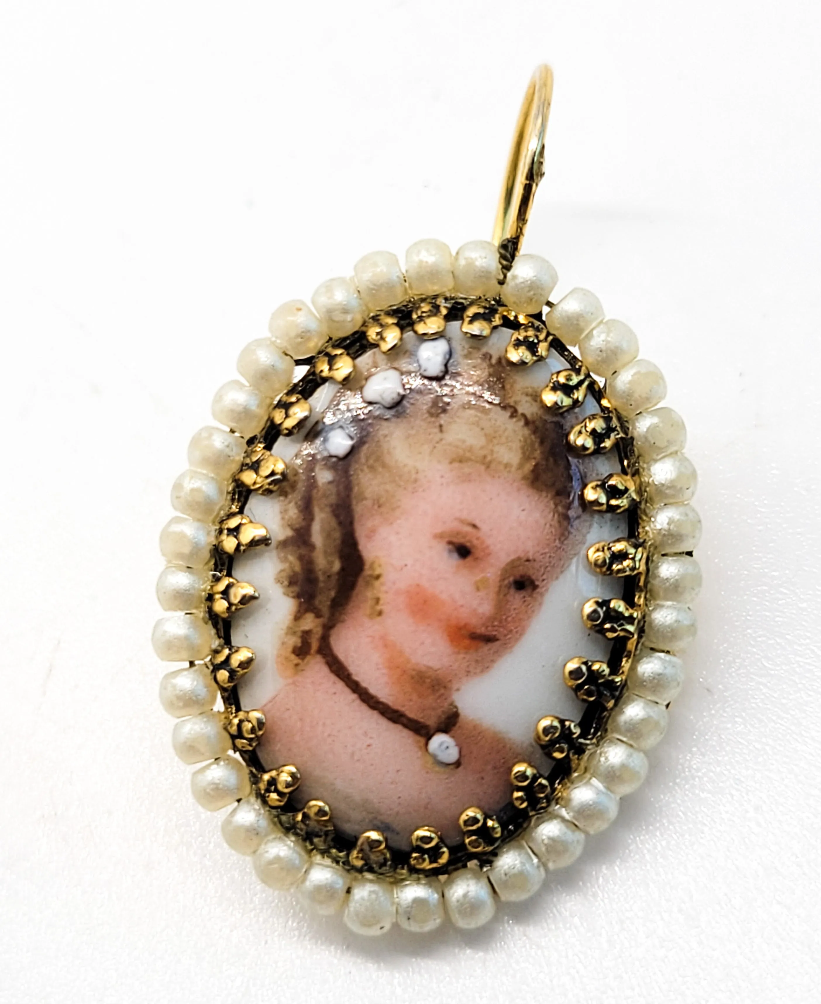 Cameo transferwear painted lade porcelain earrings with pearl beaded halo