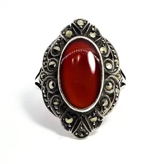Carnelian Art Deco marcasite antique sterling silver ring size 5.5