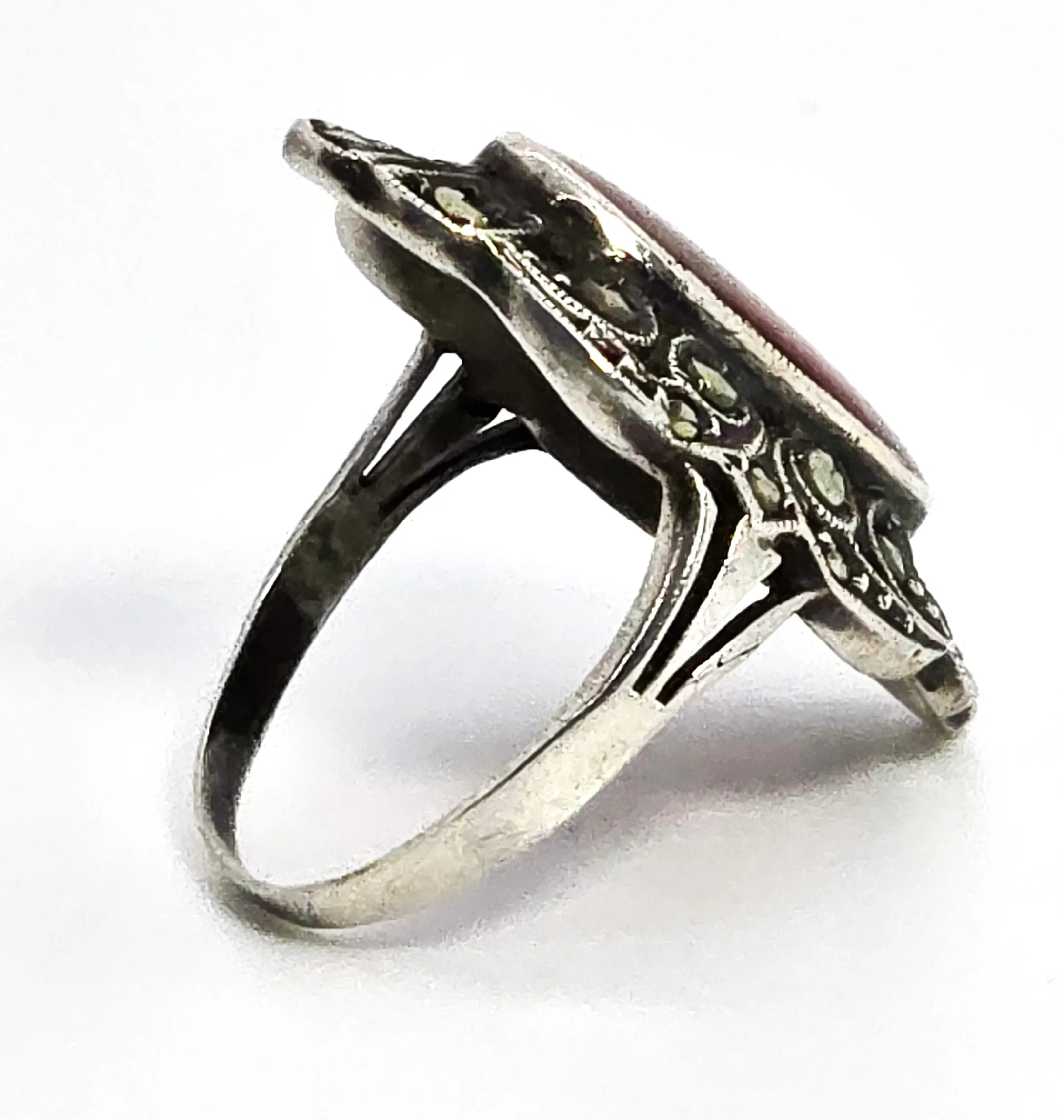 Carnelian Art Deco marcasite antique sterling silver ring size 5.5