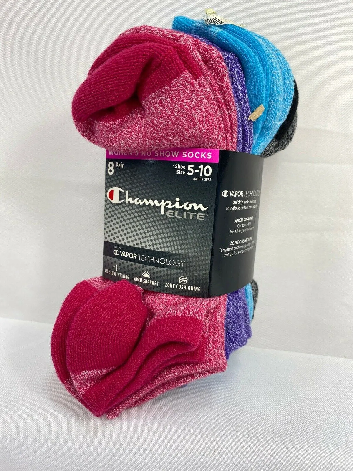 Champion Elite 8-Pairs Women's No Show Socks w/Vapor Technology Size 5-10 Low