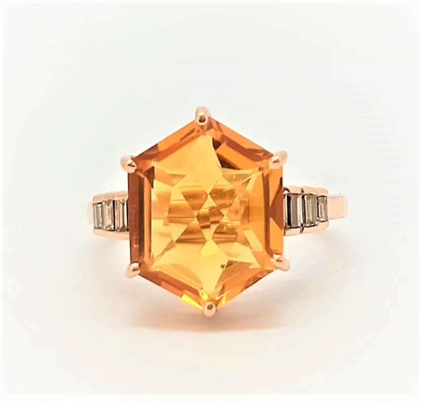 CITRINE AND DIAMOND BAGUETTE RING IN 14K ROSE GOLD AD NO.2120