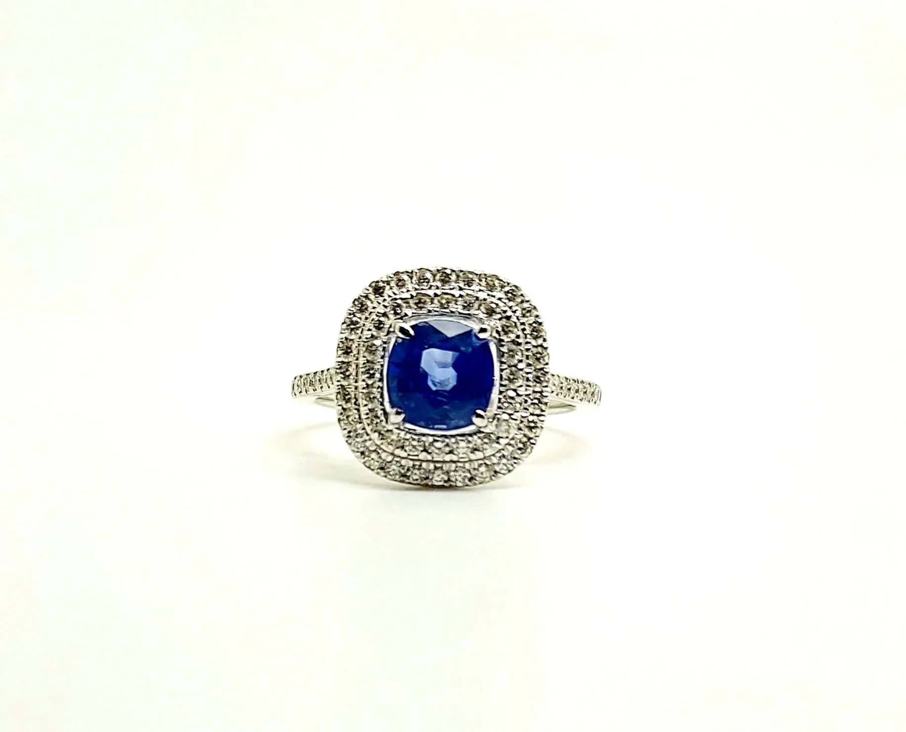 Classic Halo Diamond Ring with Cushion Sapphire in 14k White Gold