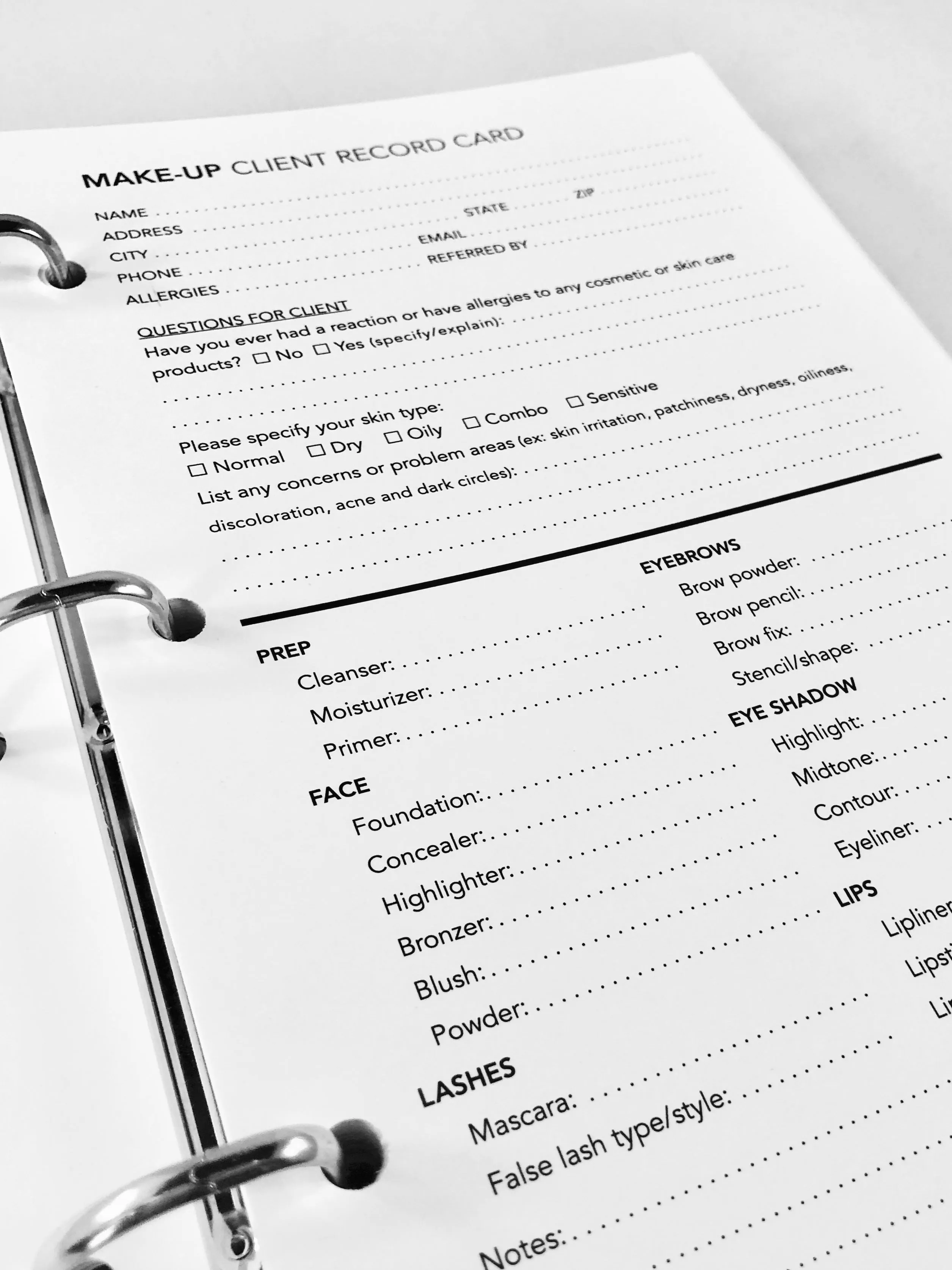 Client Record Cards - Make-up
