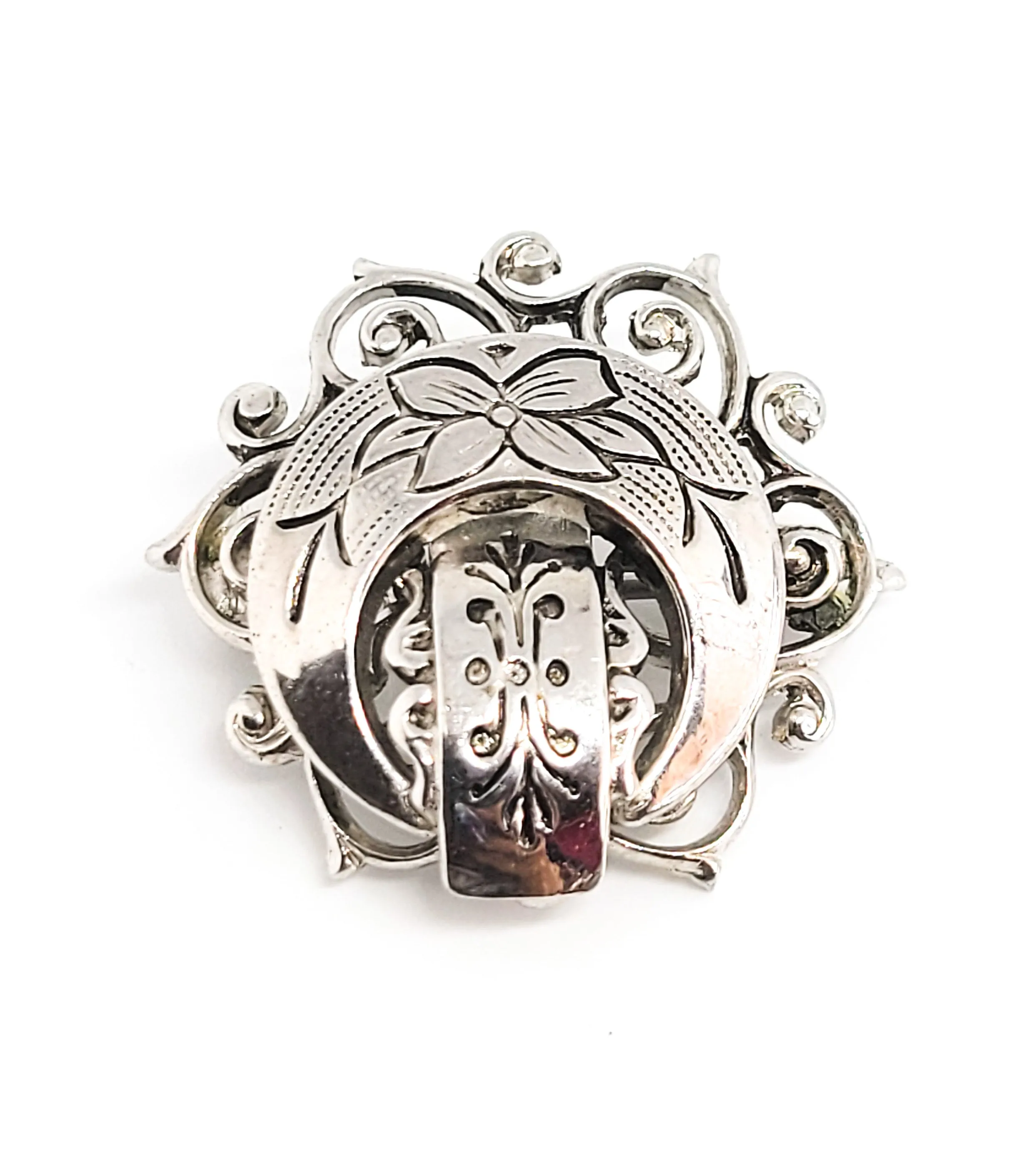 Crescent moon celestial lotus flower silver toned vintage etched filigree brooch