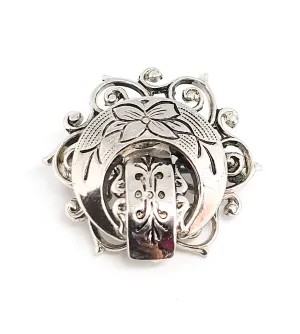 Crescent moon celestial lotus flower silver toned vintage etched filigree brooch