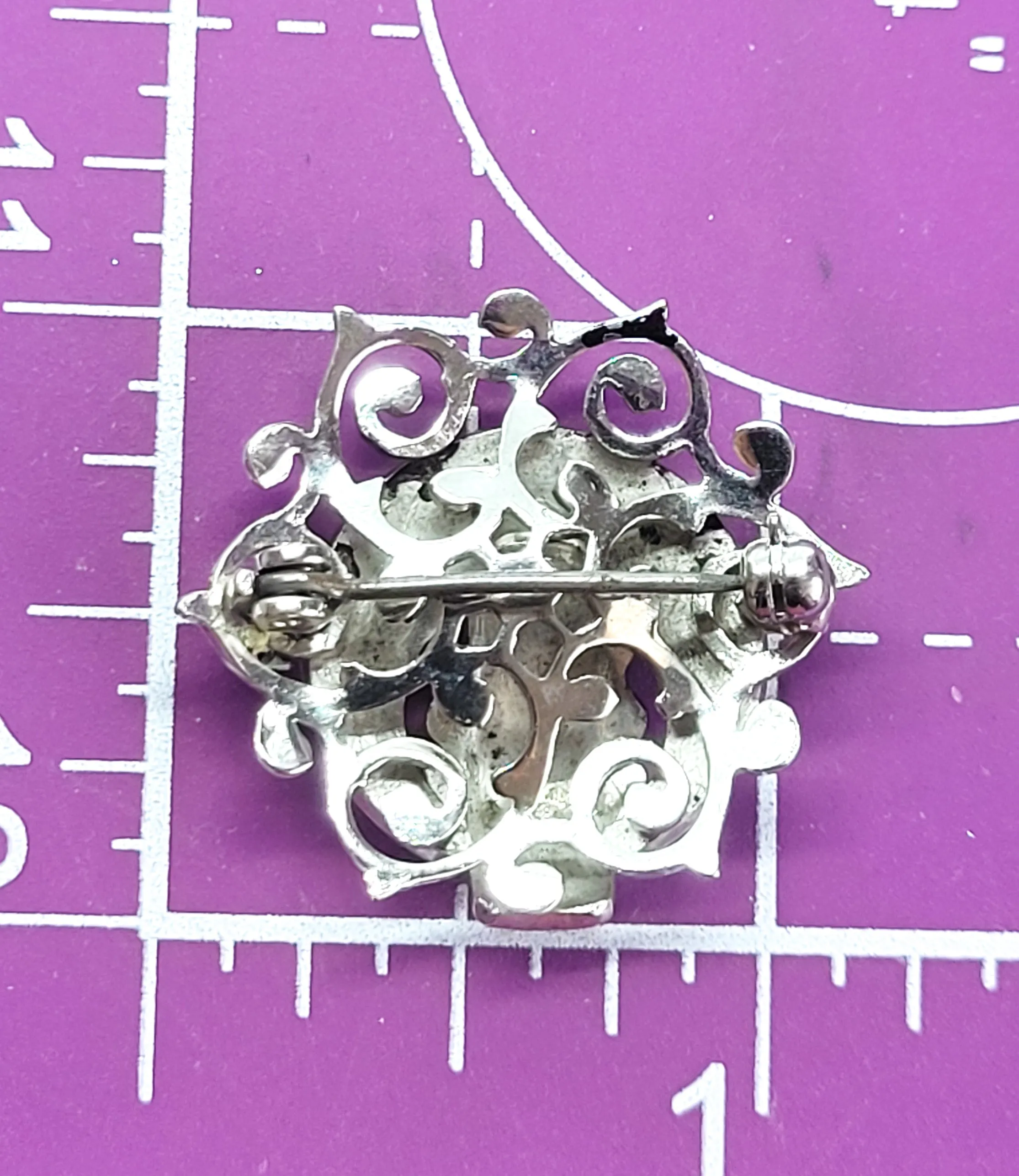 Crescent moon celestial lotus flower silver toned vintage etched filigree brooch