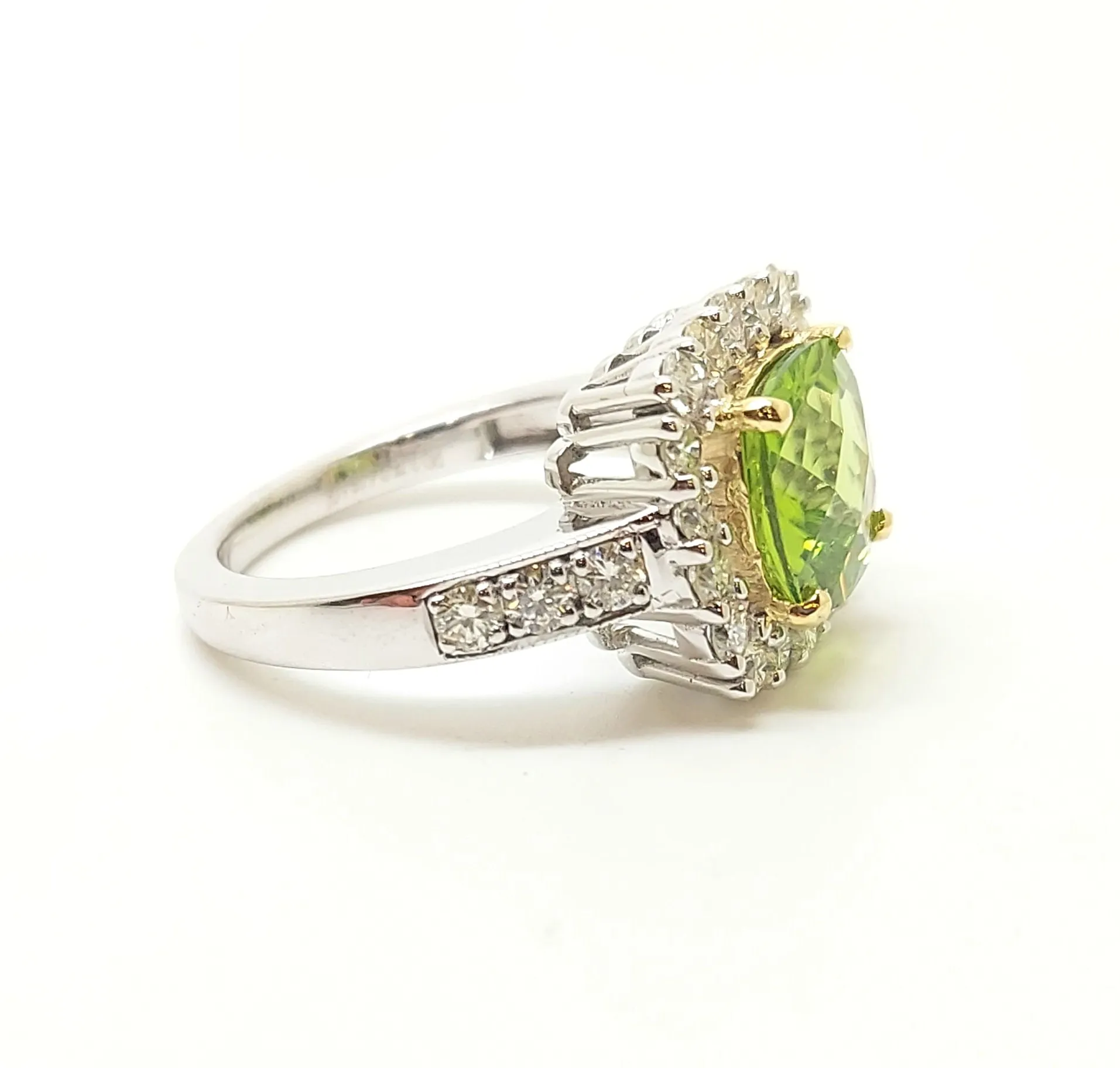 Cushion-Cut Peridot Diamond Halo Cocktail Ring in 14k White Gold
