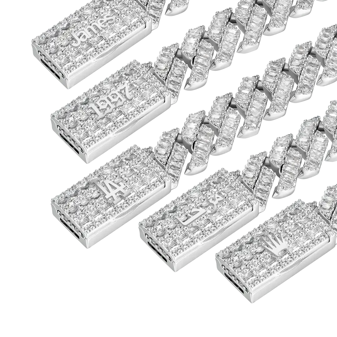 Custom Emerald Cut Prong Cuban Link Name Necklace Chain  - White Gold