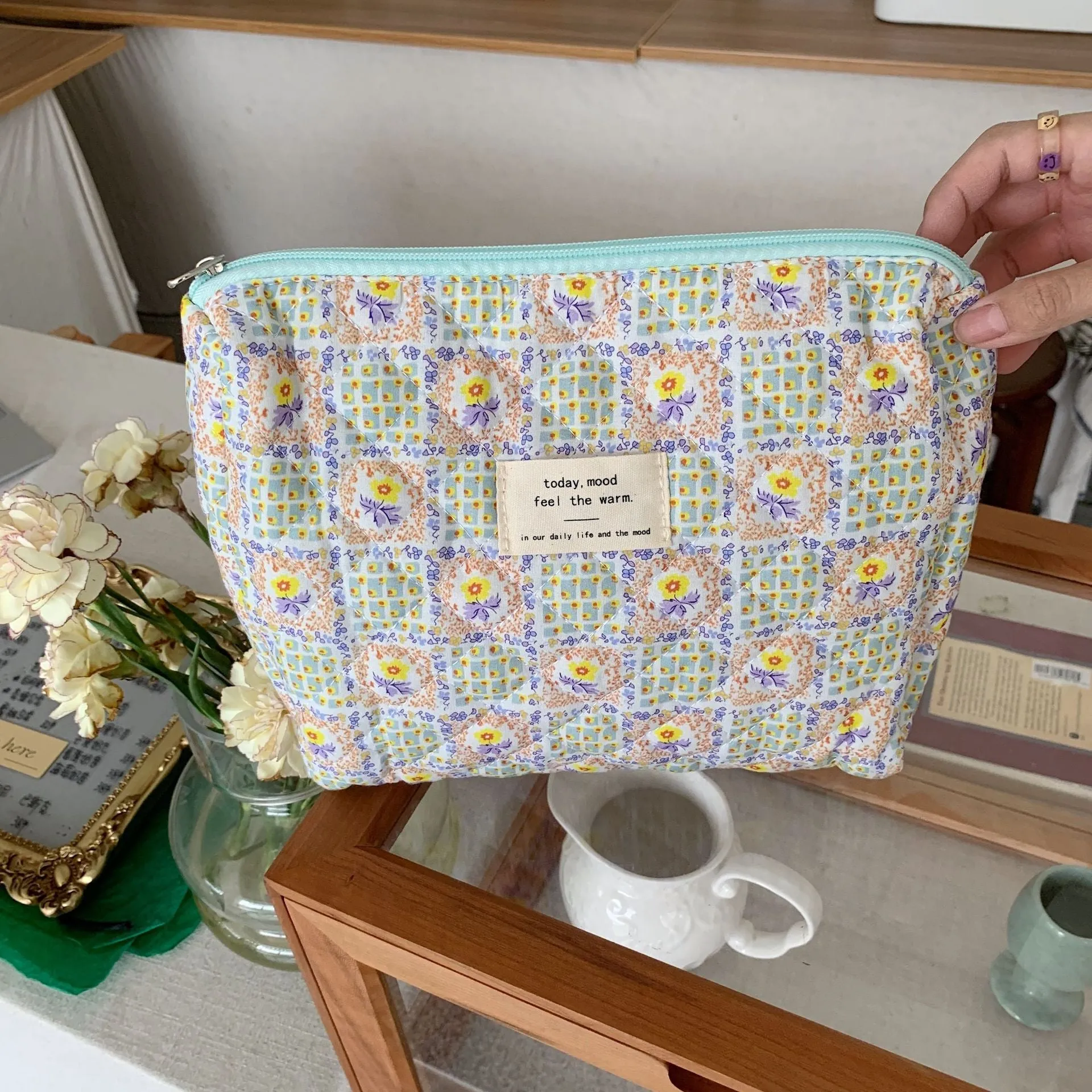 Cute Bear Floral Letters Pattern Quilted Cotton Large Capacity Makeup Bag