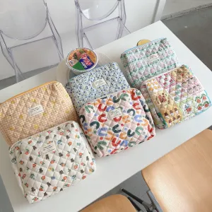 Cute Bear Floral Letters Pattern Quilted Cotton Large Capacity Makeup Bag