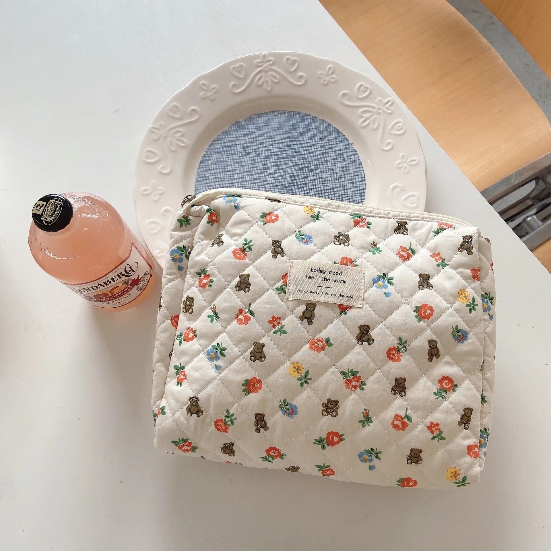 Cute Bear Floral Letters Pattern Quilted Cotton Large Capacity Makeup Bag