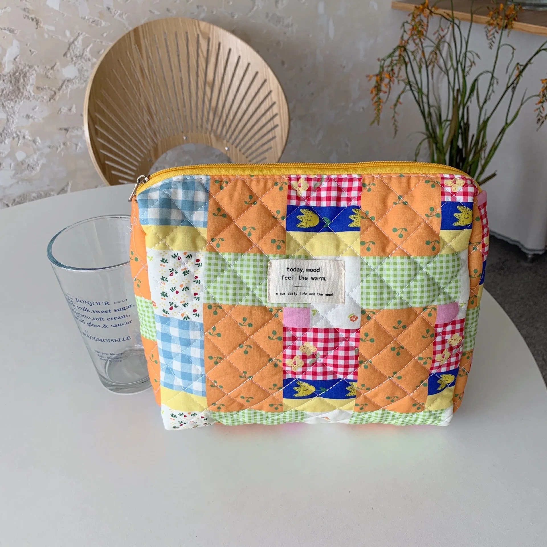 Cute Bear Floral Letters Pattern Quilted Cotton Large Capacity Makeup Bag