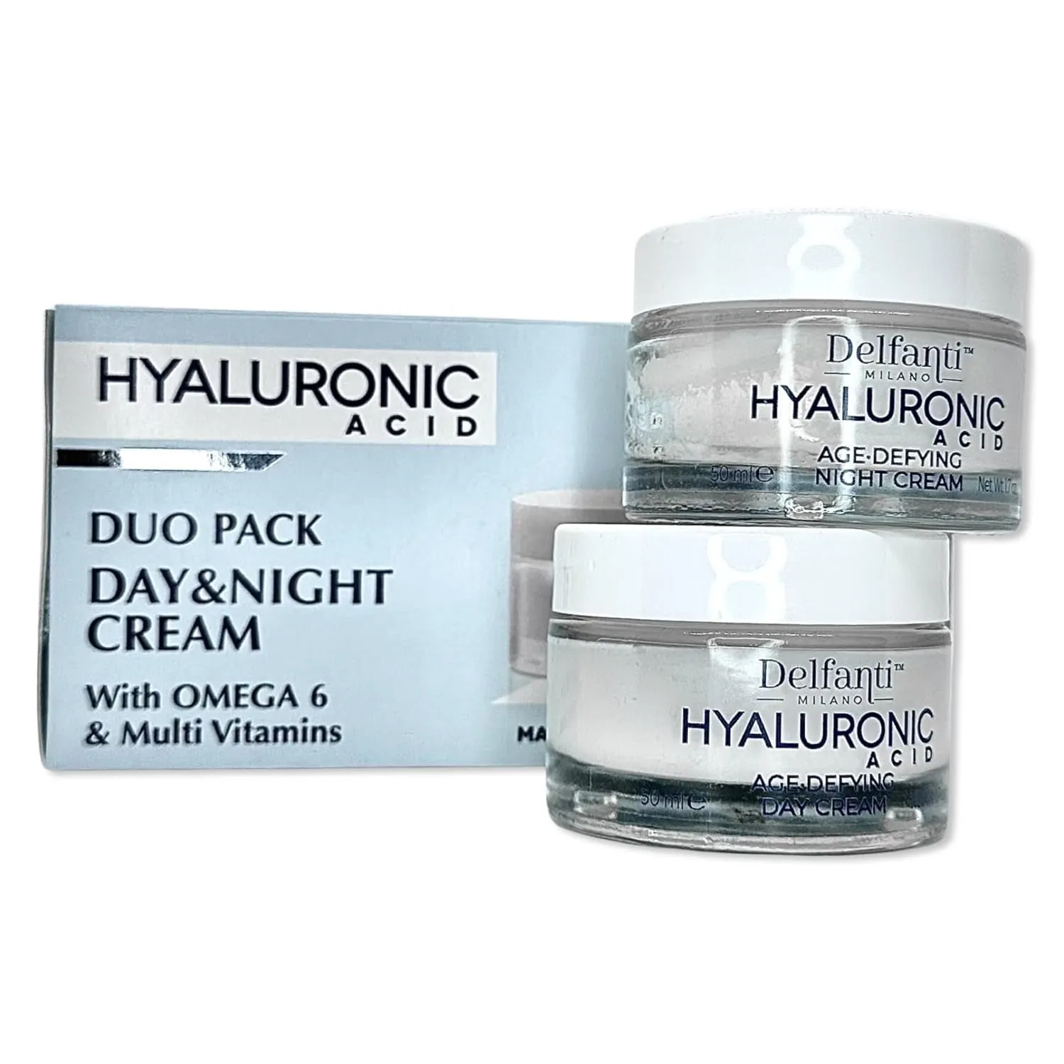 Delfanti Milano • HYALURONIC • Age Defying DUO Pack • Day   Night Creams • Face, Neck Décolleté Moisturizing Cream for Firming, Tightening and Wrinkles • Made in Italy