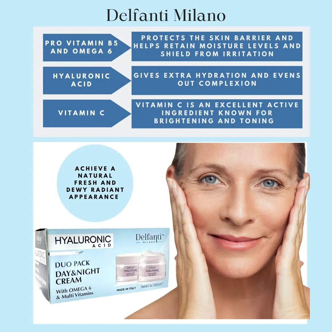 Delfanti Milano • HYALURONIC • Age Defying DUO Pack • Day   Night Creams • Face, Neck Décolleté Moisturizing Cream for Firming, Tightening and Wrinkles • Made in Italy