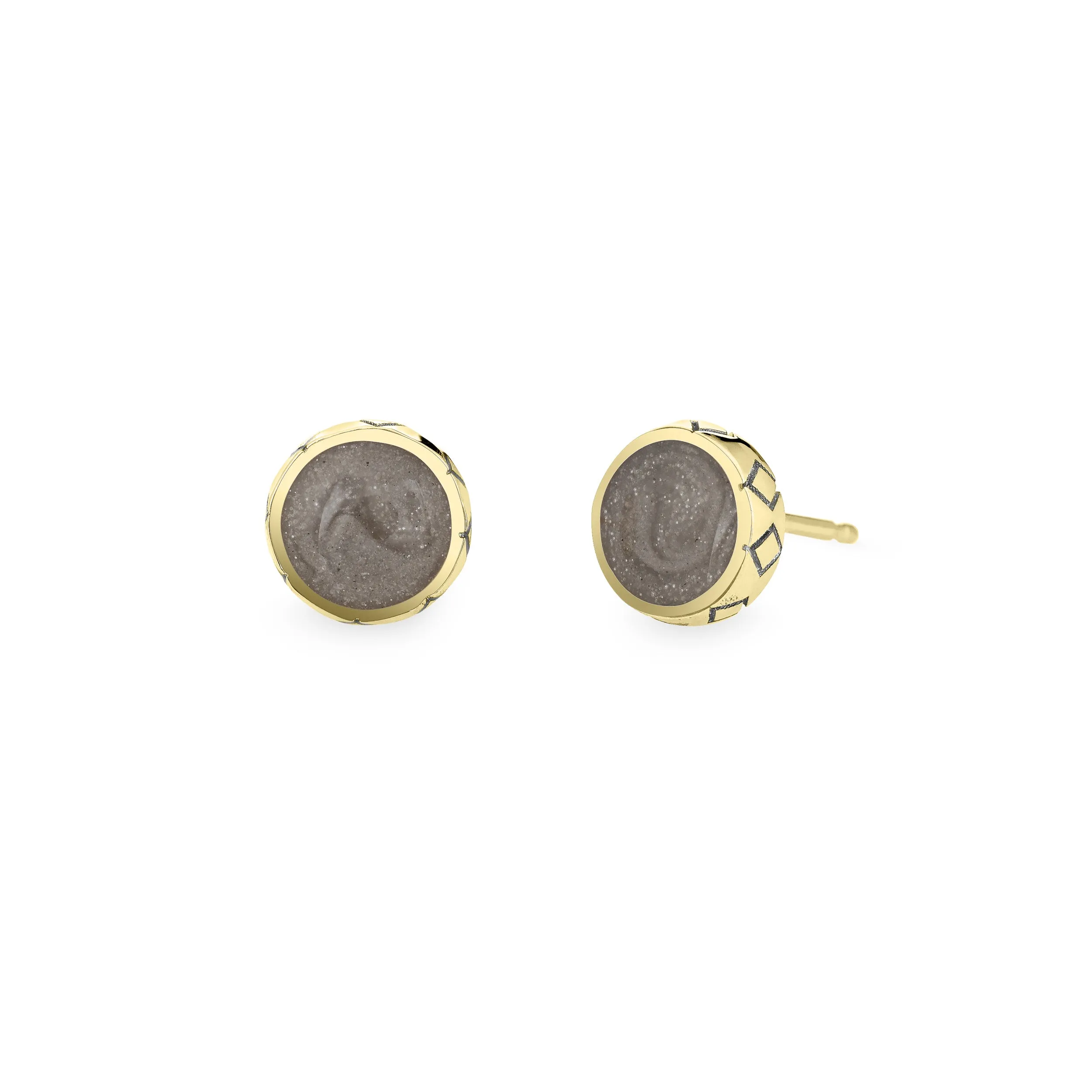 Detailed Circle Stud Cremation Earrings in 14K Yellow Gold