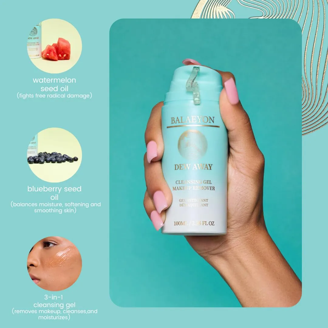 Dew Away Cleansing Gel Makeup Remover, Removes Waterproof Mascara, 3-In-1 Cleanser, Oil Based, Moisturizing, Great for Sensitive Skin, All Natural, TSA Friendly, 3.38 Fl Oz