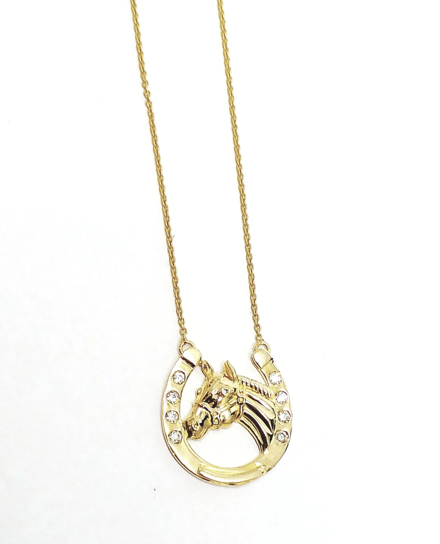 Diamond Horseshoe with Horse Pendant in Yellow Gold