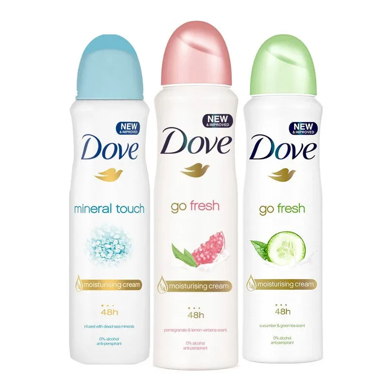 Dove Mineral Touch, Go Fresh Pomegranate, Go Fresh Cucumber Pack of 3 Deodorant Sprays For Women