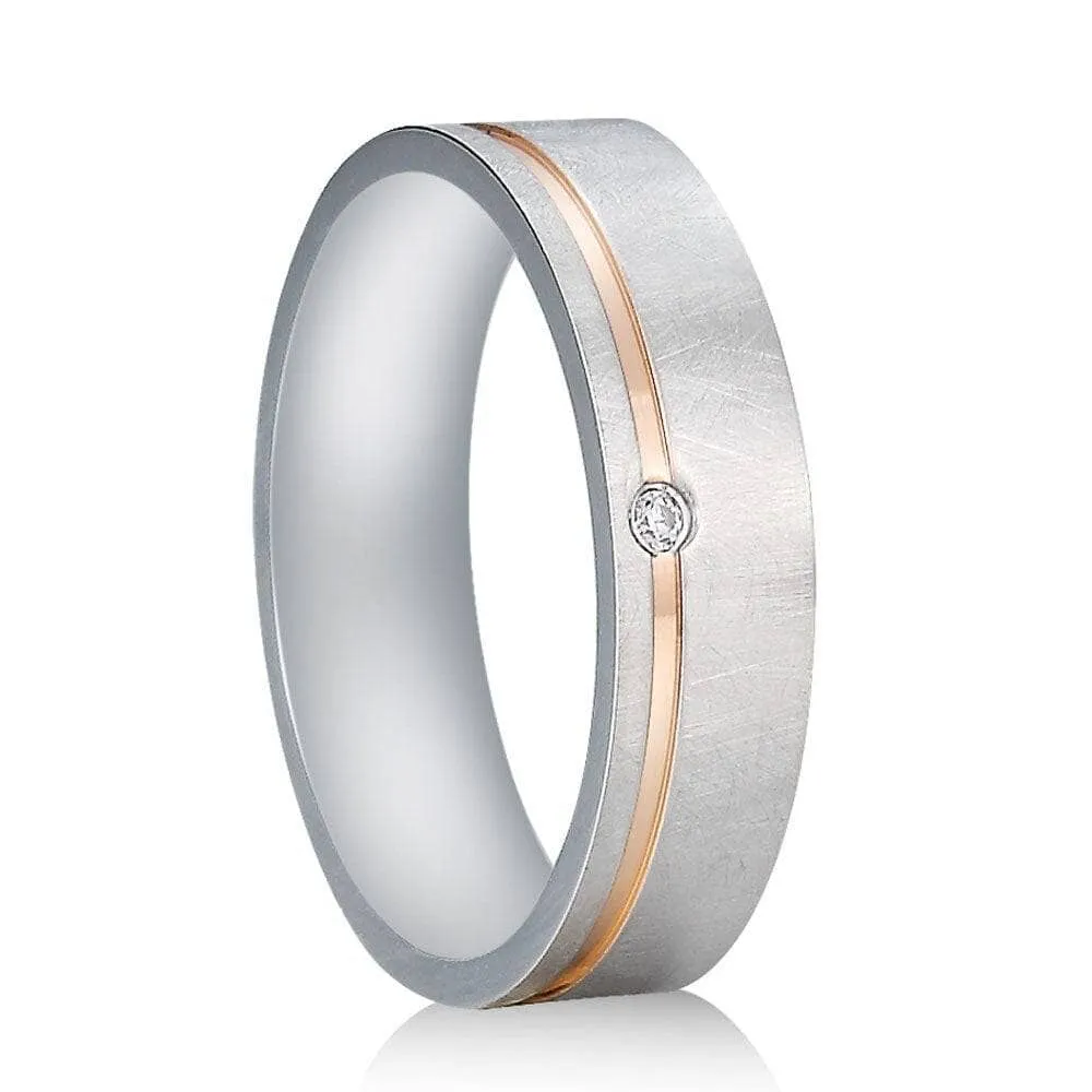 Elegant Created Diamond Mass Brushed Rose Gold Stripe Wedding Band