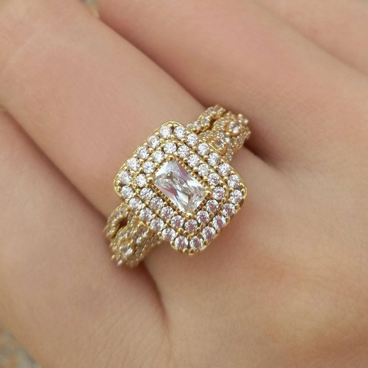 Emerald Cut Created Diamond Engagement Ring Set