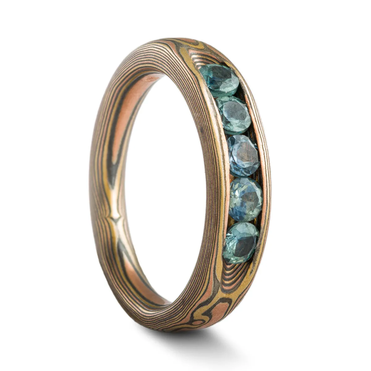 Enchanted Woods Mokume Gane Engagement Ring or Band in Woodgrain Pattern with Channel Set Blue Sapphires