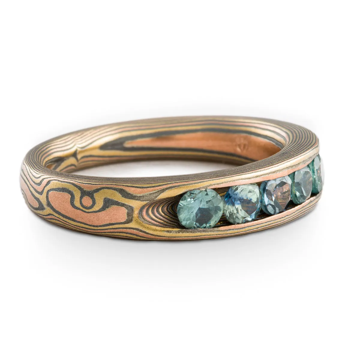 Enchanted Woods Mokume Gane Engagement Ring or Band in Woodgrain Pattern with Channel Set Blue Sapphires