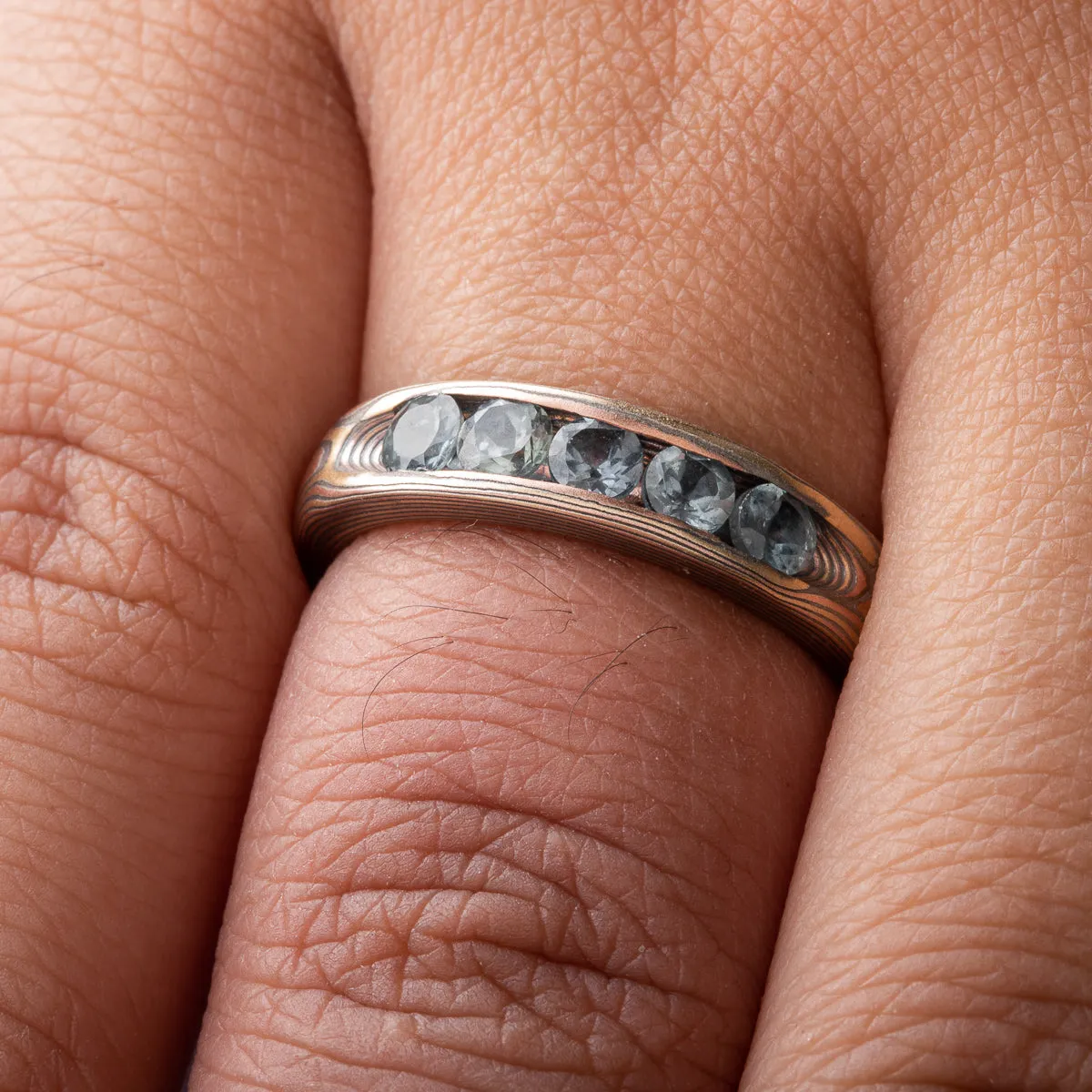 Enchanted Woods Mokume Gane Engagement Ring or Band in Woodgrain Pattern with Channel Set Blue Sapphires