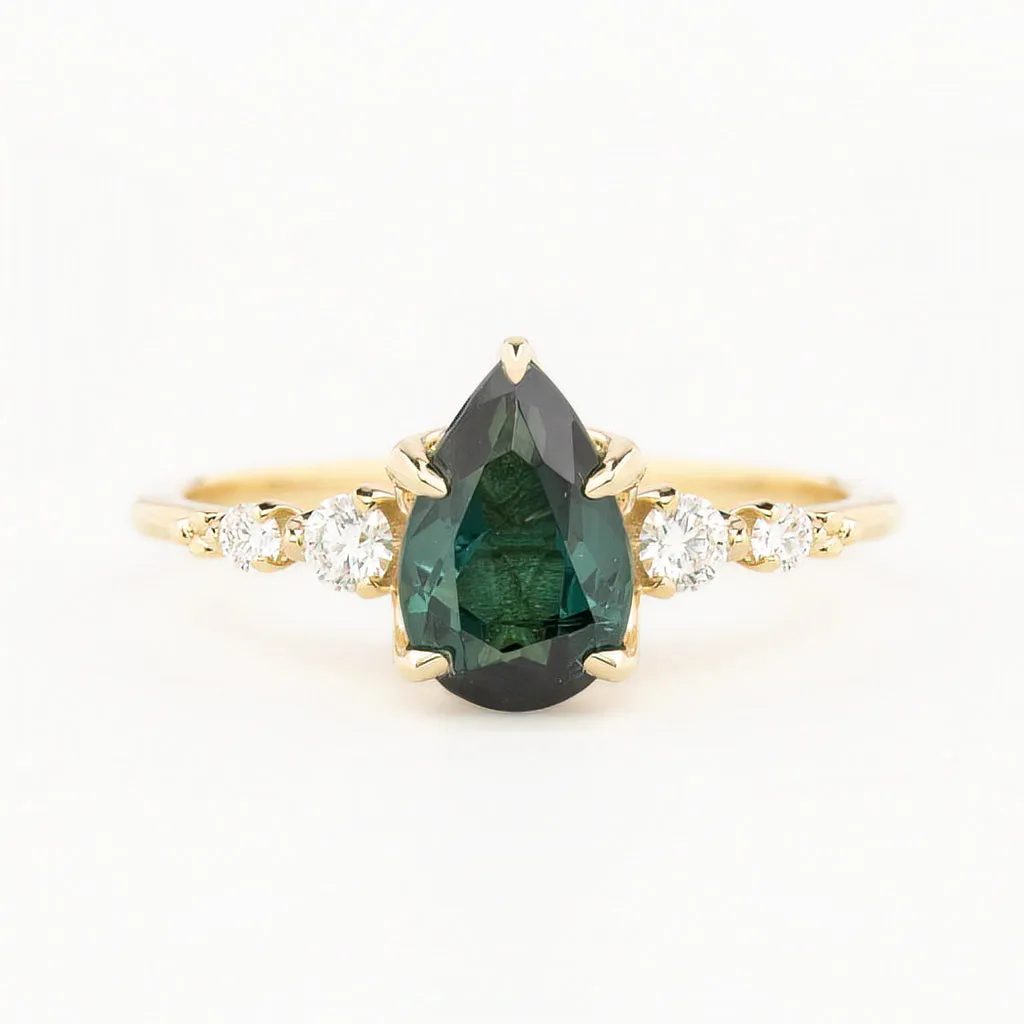 Estel Fleur Ring Peacock Green Pear Tourmaline, 14K Yellow Gold (One of a kind)