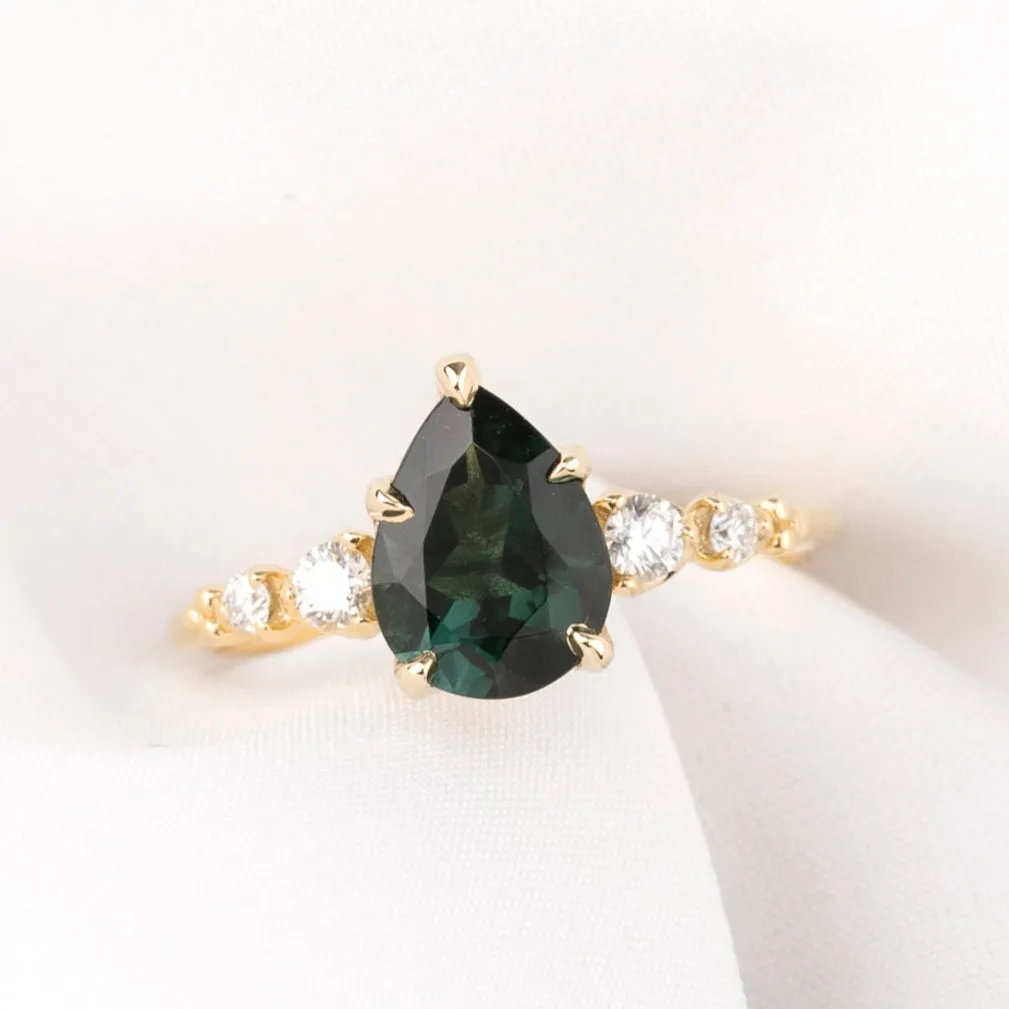 Estel Fleur Ring Peacock Green Pear Tourmaline, 14K Yellow Gold (One of a kind)